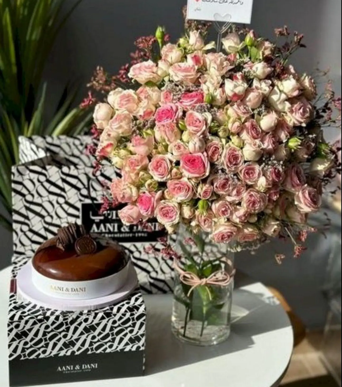 Pink Rose Vase With Ani And Danny Cake