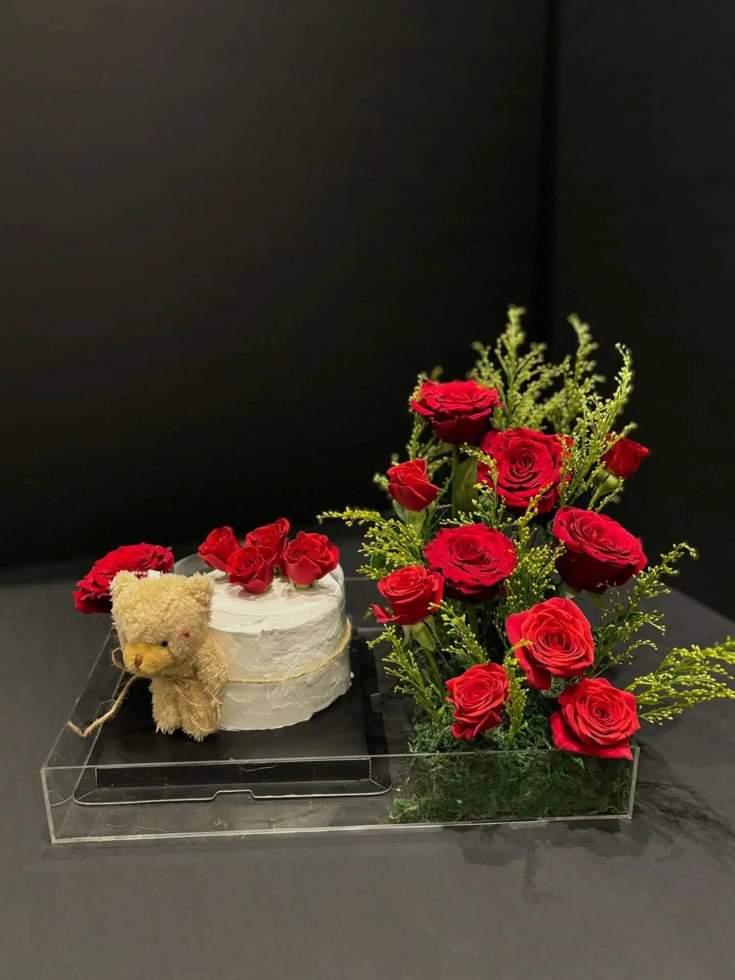 Red Bouquet With Aster, Cake, And Teddy Bear