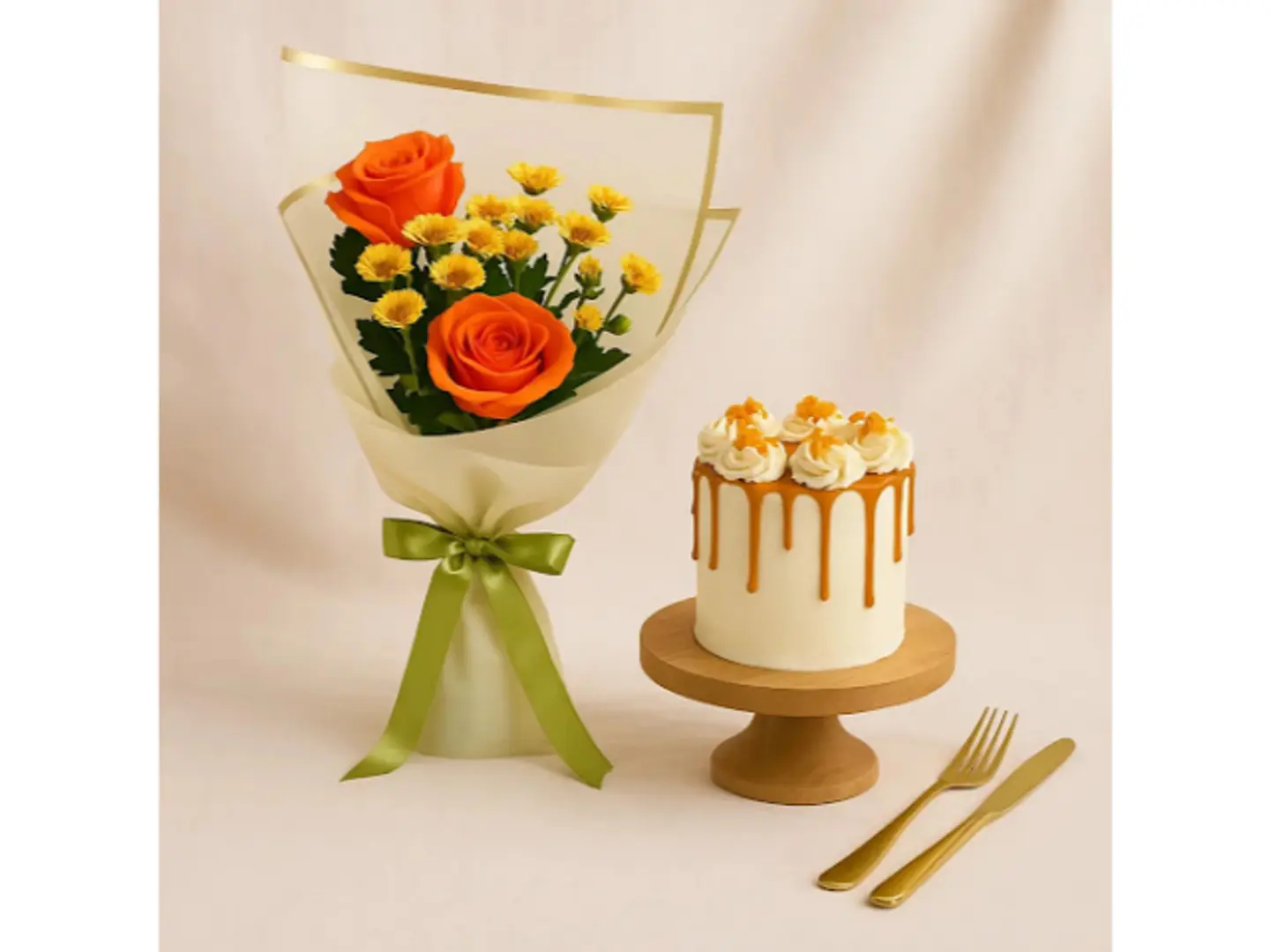 باقة ورد وكعكة كراميل شوكولاتة