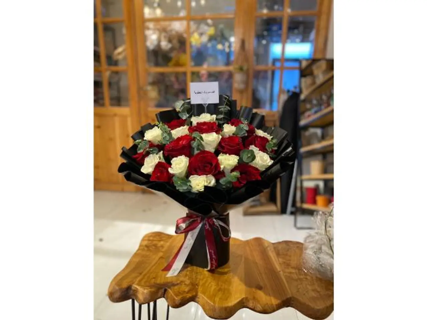 Red And White Rose Bouquet With Black Wrapping