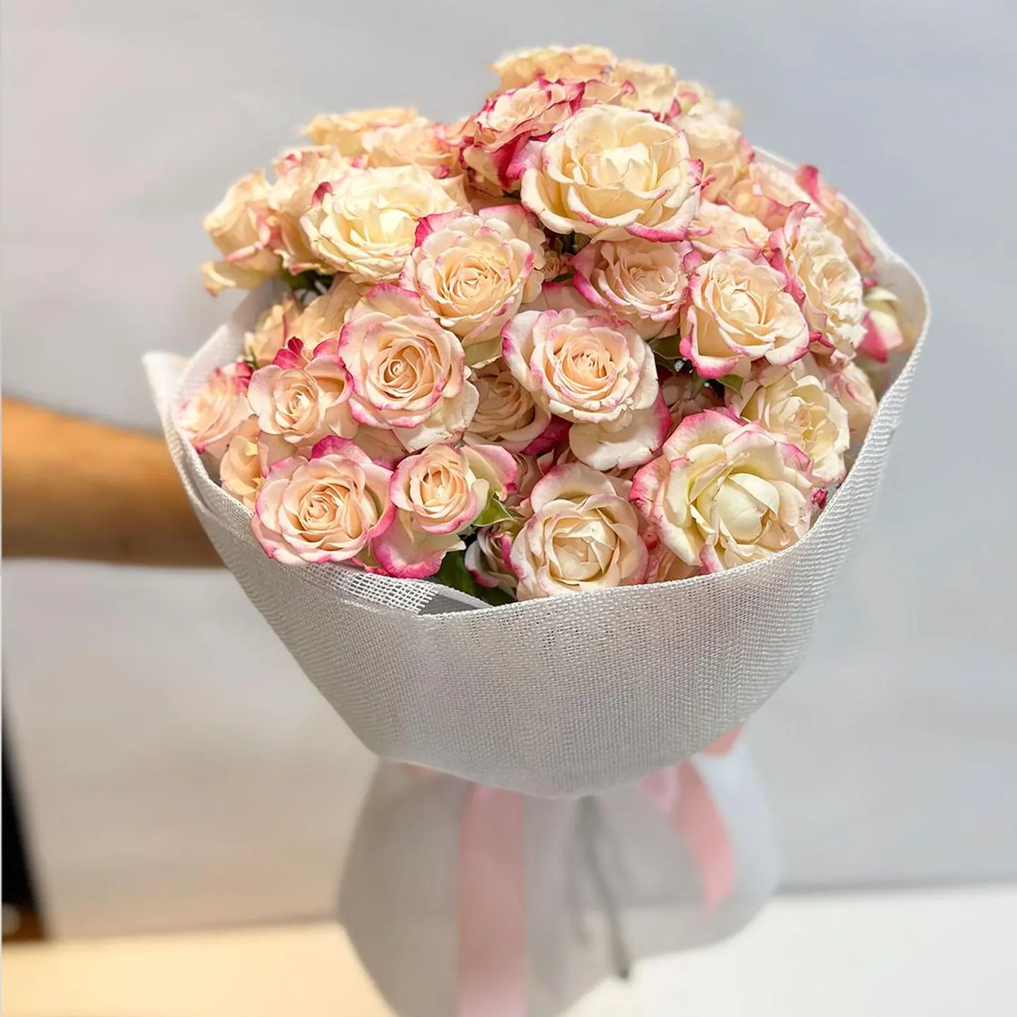 Baby Rose Natural White Bouquet With Pink Trim 226