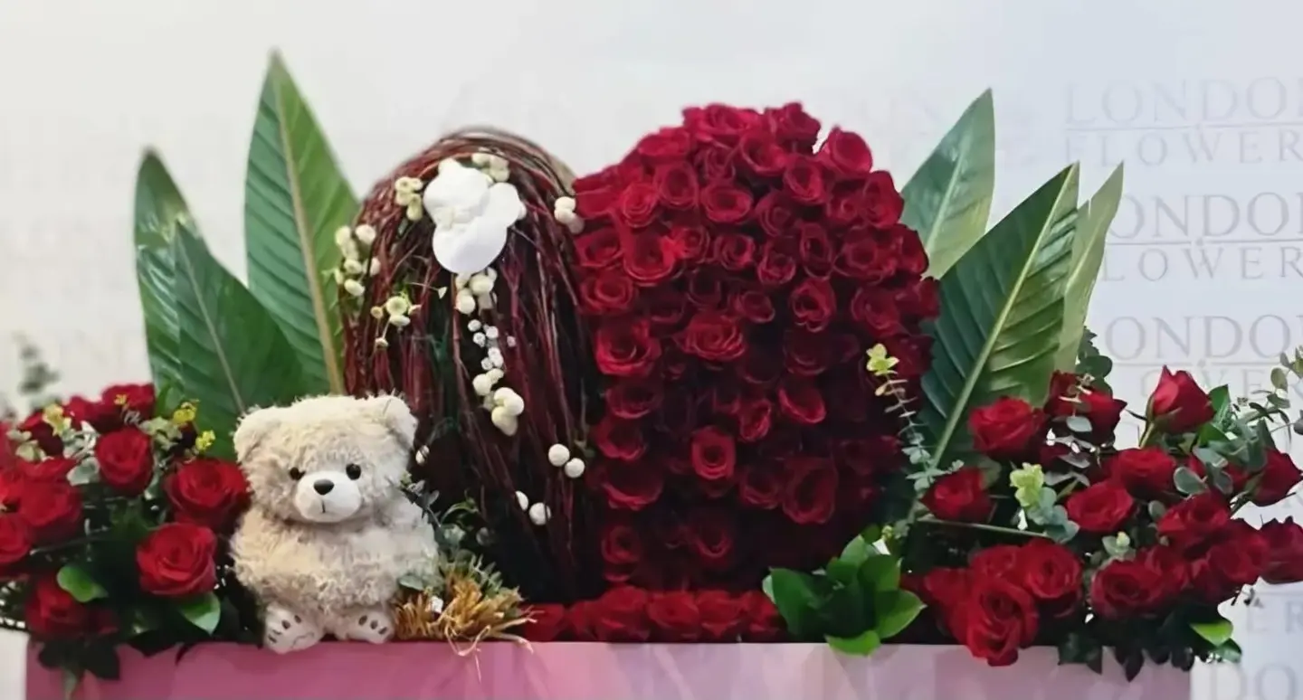 Ground Base Bouquet With Teddy Bear Arrangement