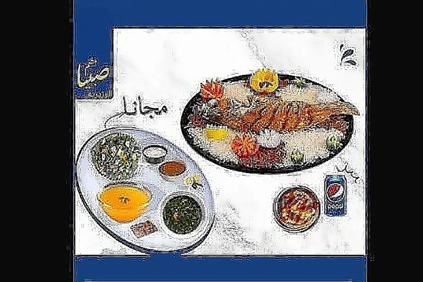 Fried Hammour Meal + Rice + Marina + Can Of Pepsi / Molokhia + Broth + Vegetable Salad + Spicy Salad With Hummus And Tahini For Free