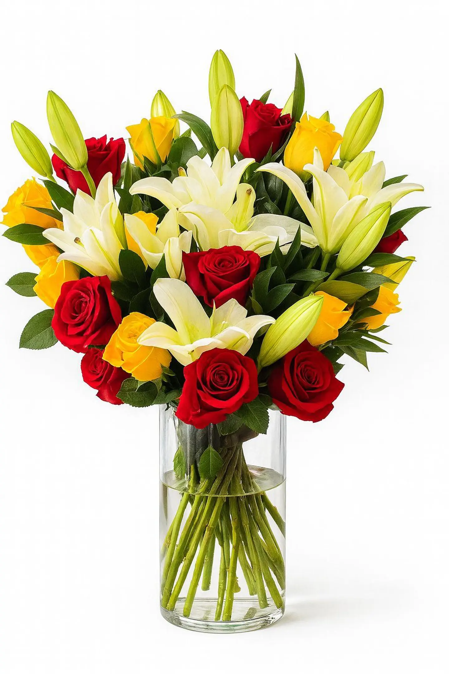 A Smell Of King White Lilles With Red And Yellow Roses