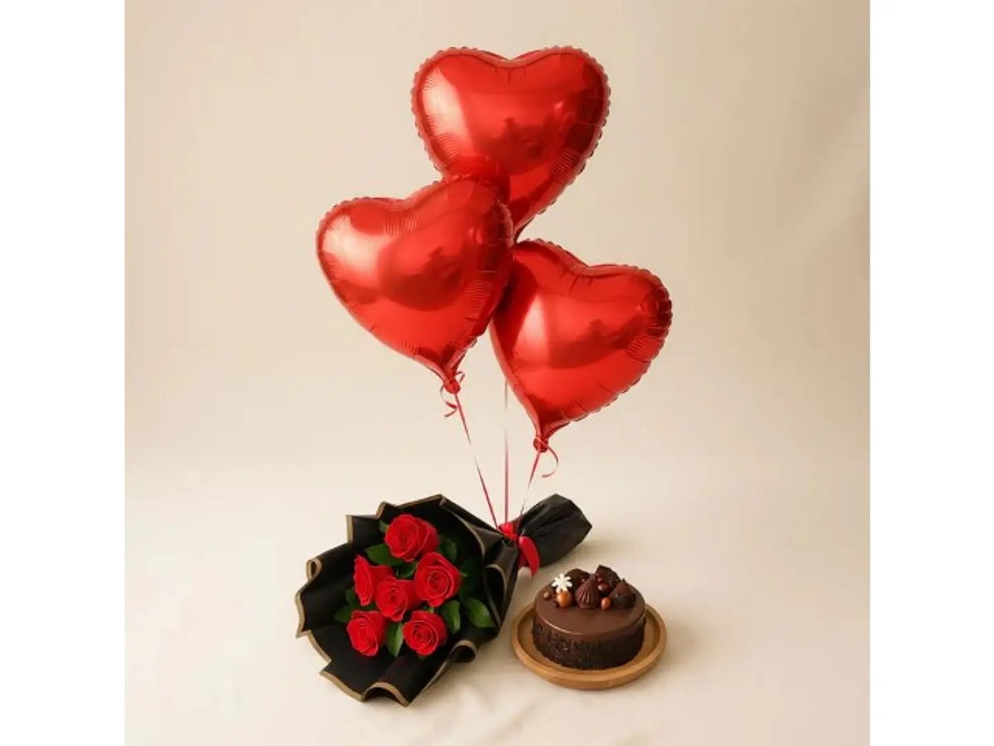 باقة كيك وورود رومانسية مع بالونات