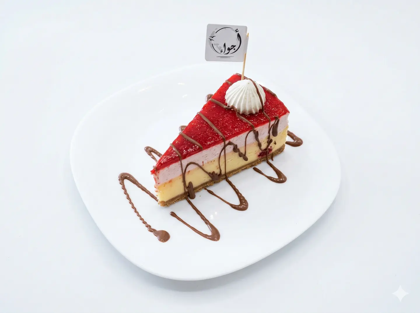 تشيز كيك الفراولة الكلاسيكي بطبقة بسكويت زبدية، مغطى بمربى الفراولة الغني وخيوط من شوكولاتة الحليب الفاخرة.