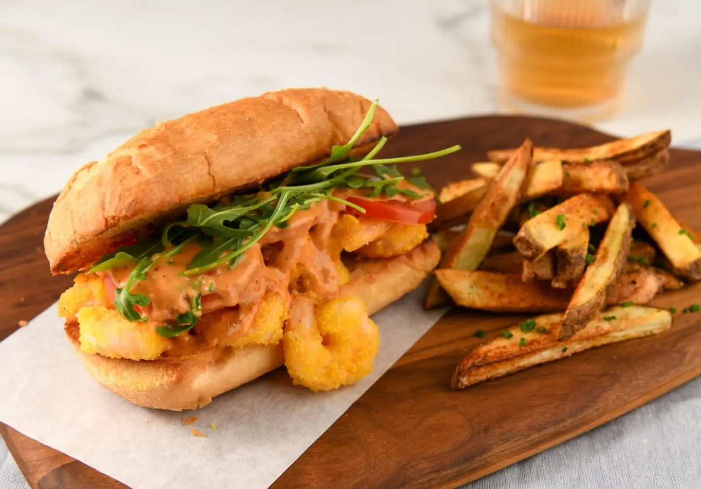 Fried Shrimp Sandwich With French Fries
