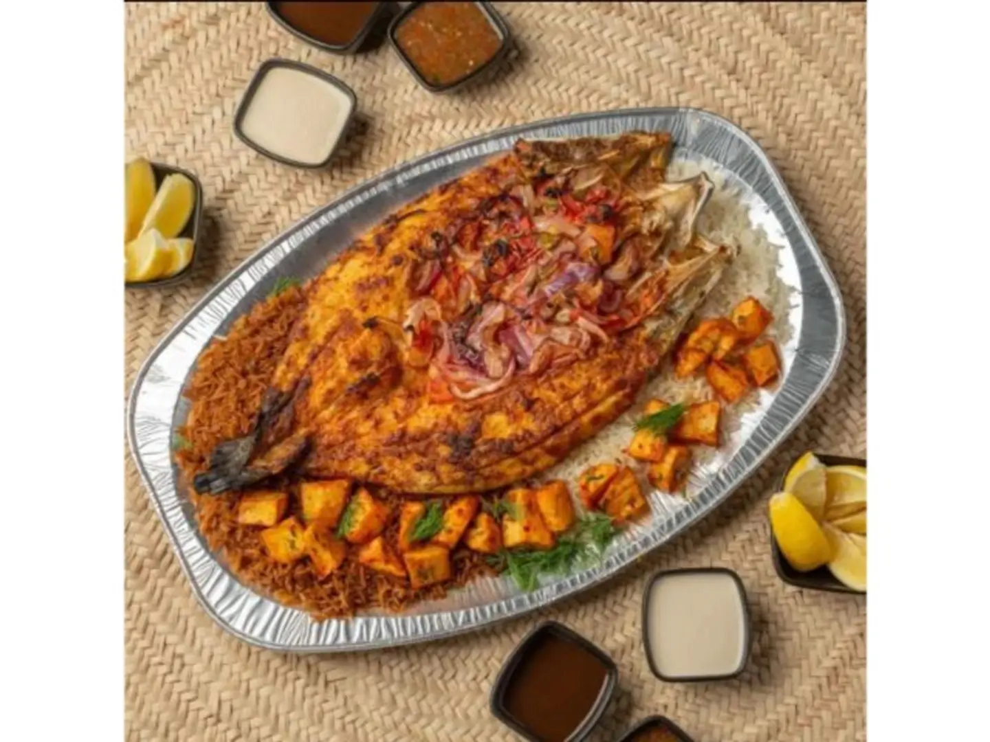 وجبة قاروص طازج مشوي مع مشروب