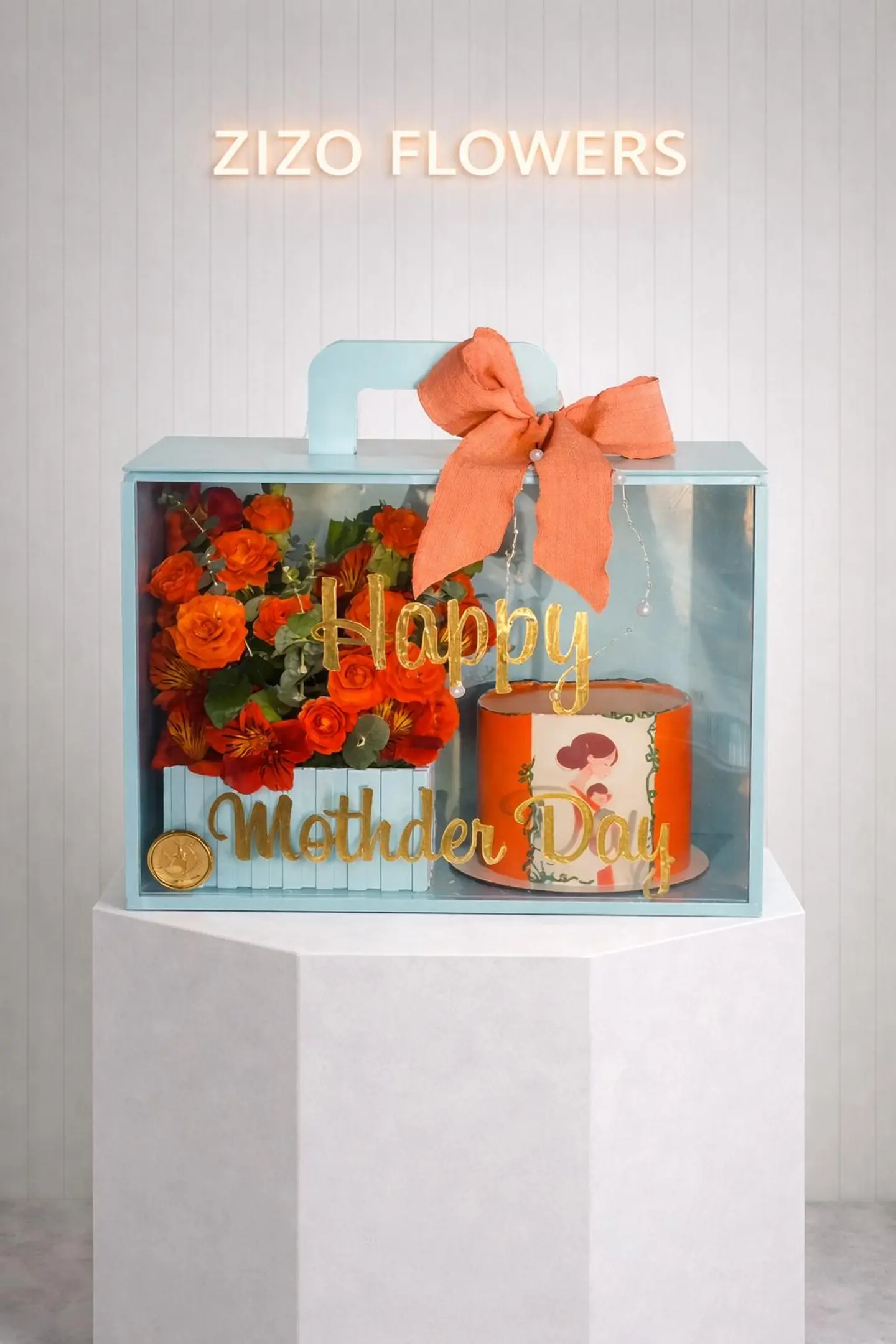 Orange Rose Box With Cake