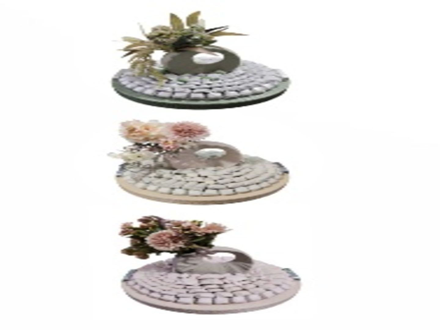 L   Beige/Green/Pink Round Tray With Ring Shaped Vase