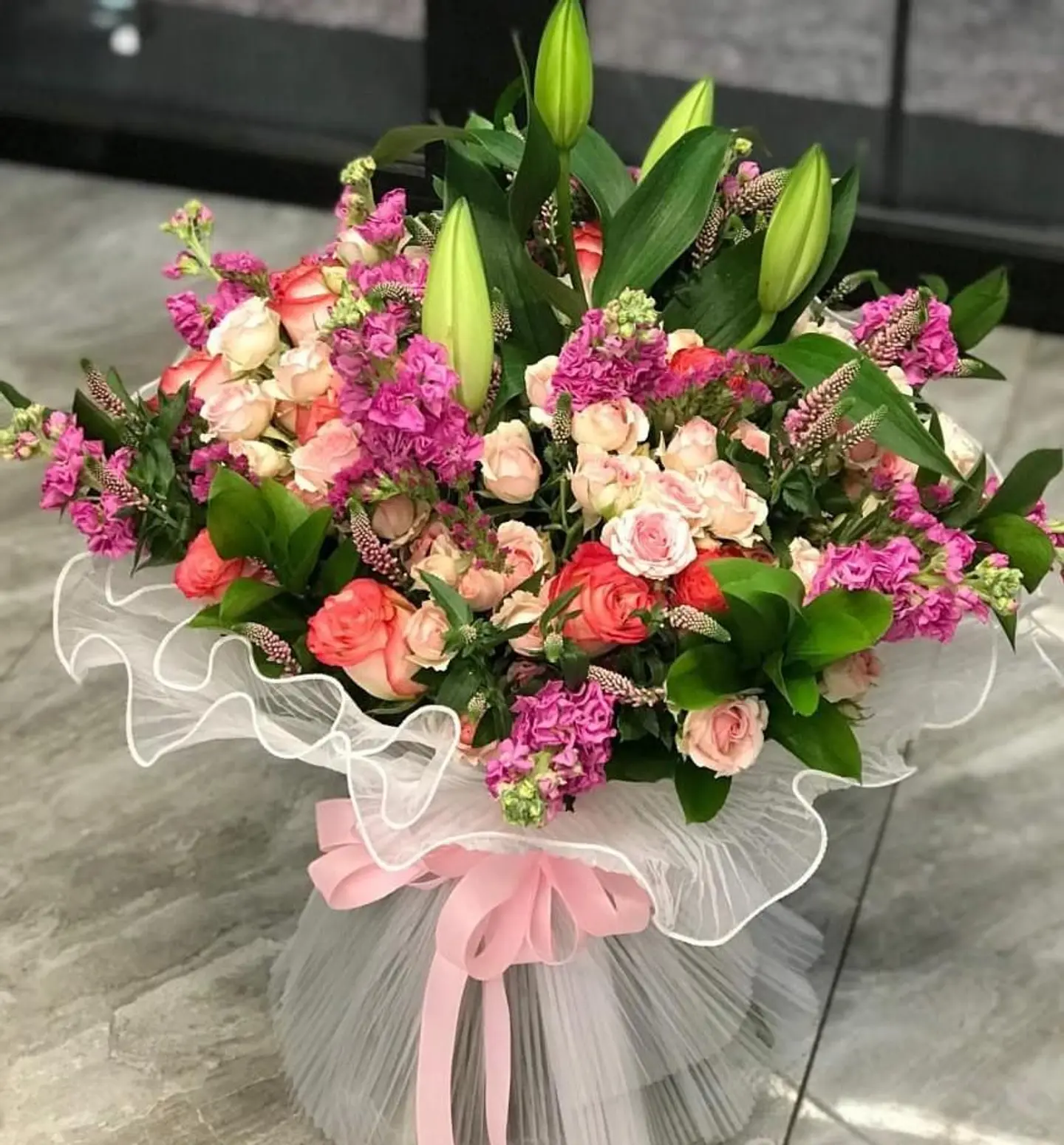 White Tulip, Lily, And Rose Bouquet