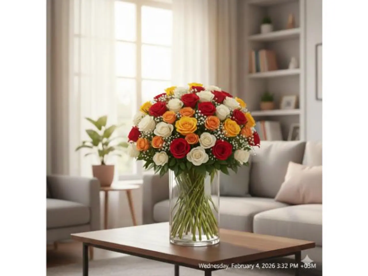 مزهرية زجاجية رائعة مزينة بـ 50 وردة متعددة الألوان