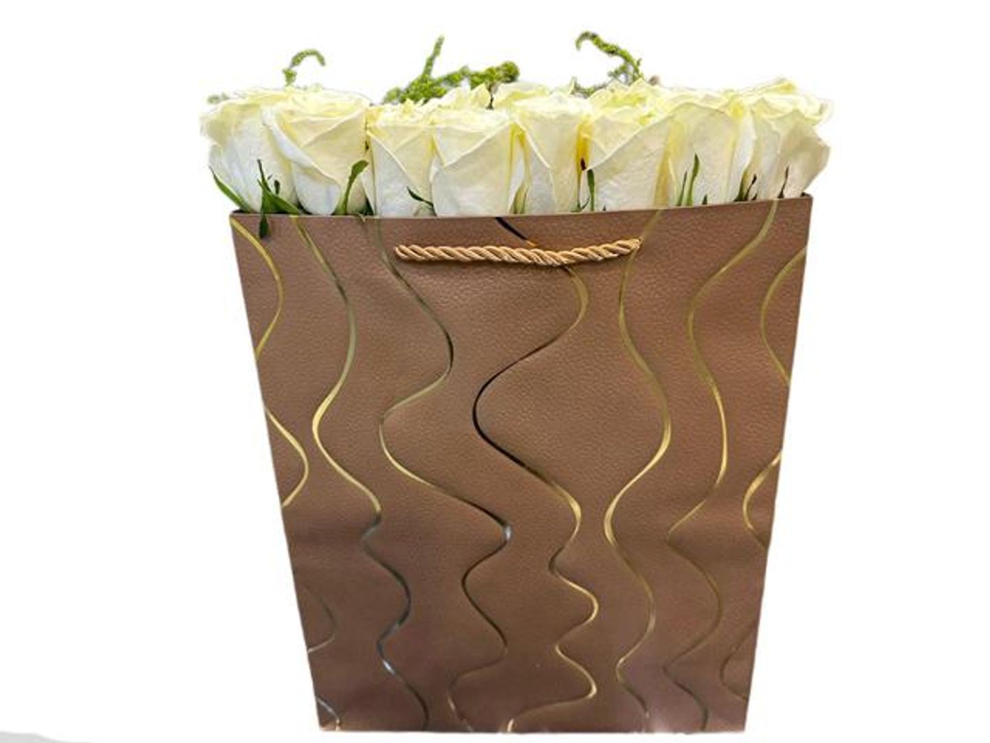 A Golden Bag With Natural White Roses