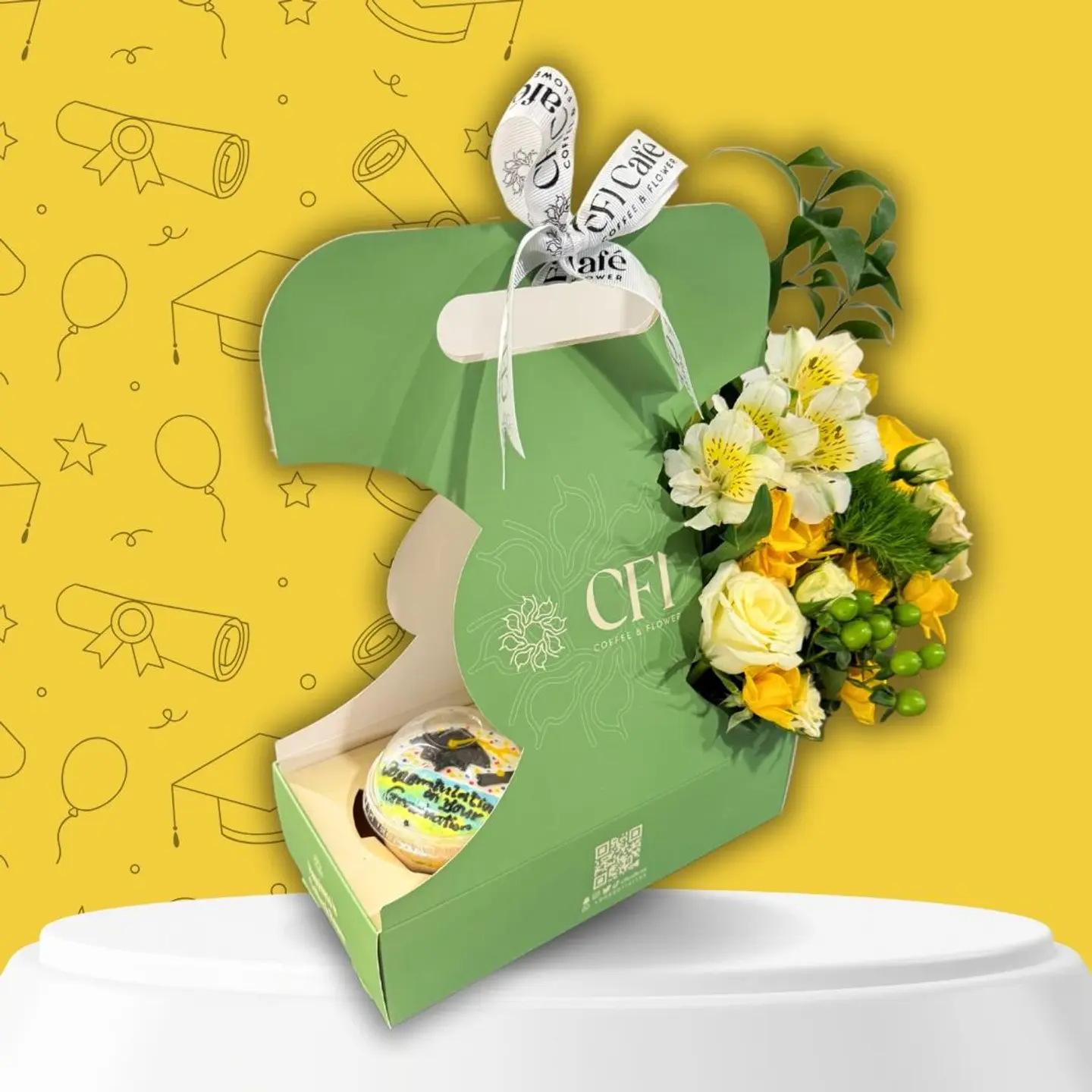 Graduation Flower Holder With Flowers And Cupcake