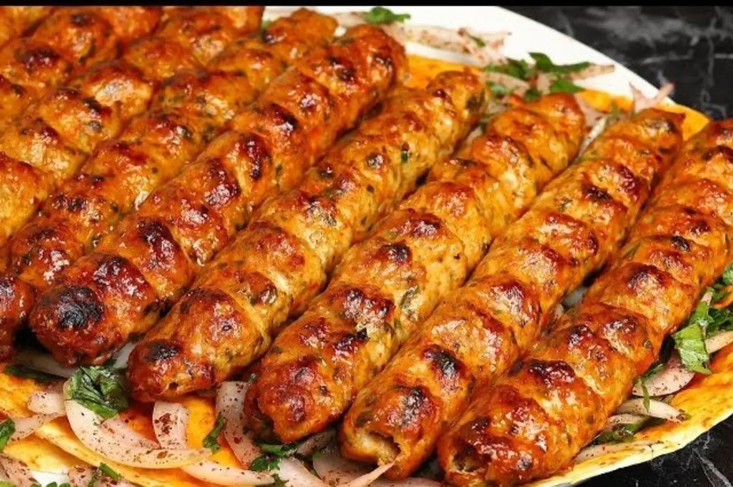 Half A Kilo Plate Of Six Skewers Of Meat Kebab With Rice Potatoes And Salads