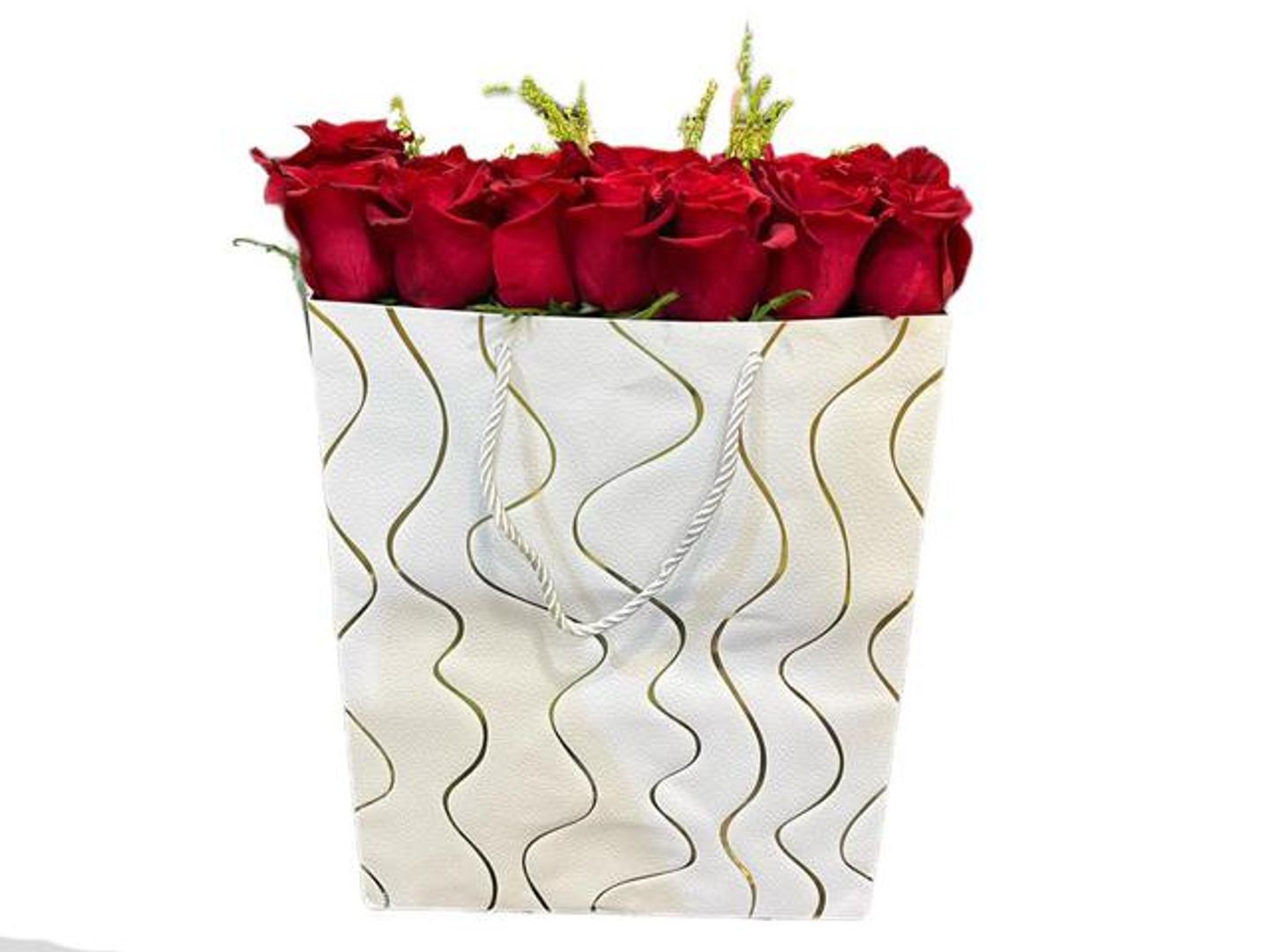 White Bag With Natural Red Roses