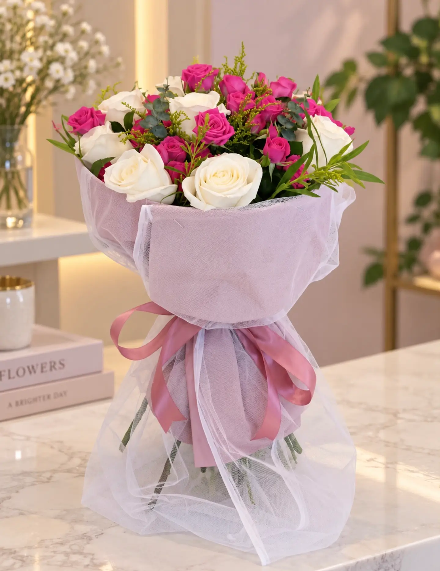 A Bouquet Of Tulle Roses Pink And White