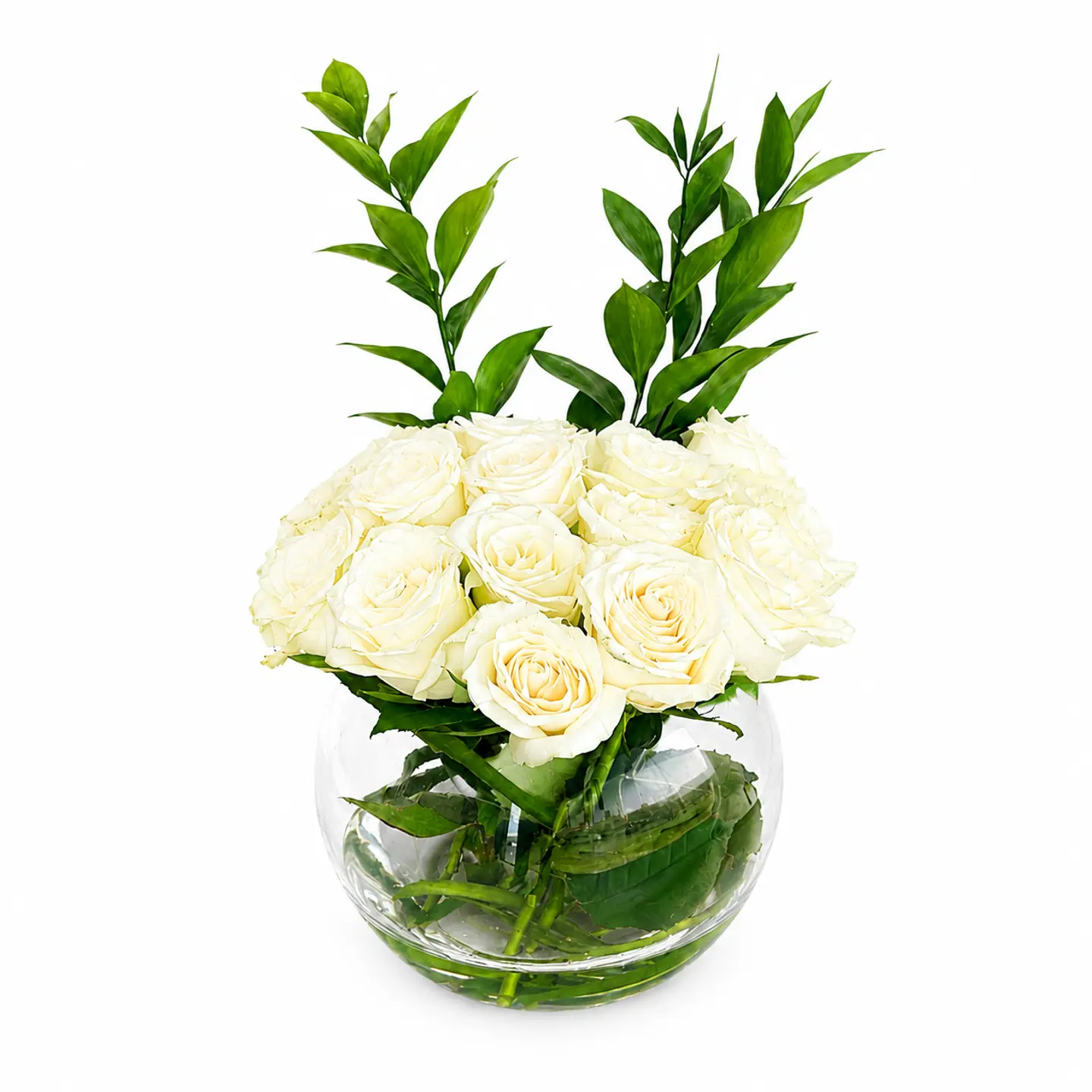 White Rose Arrangement Round Glass Vase