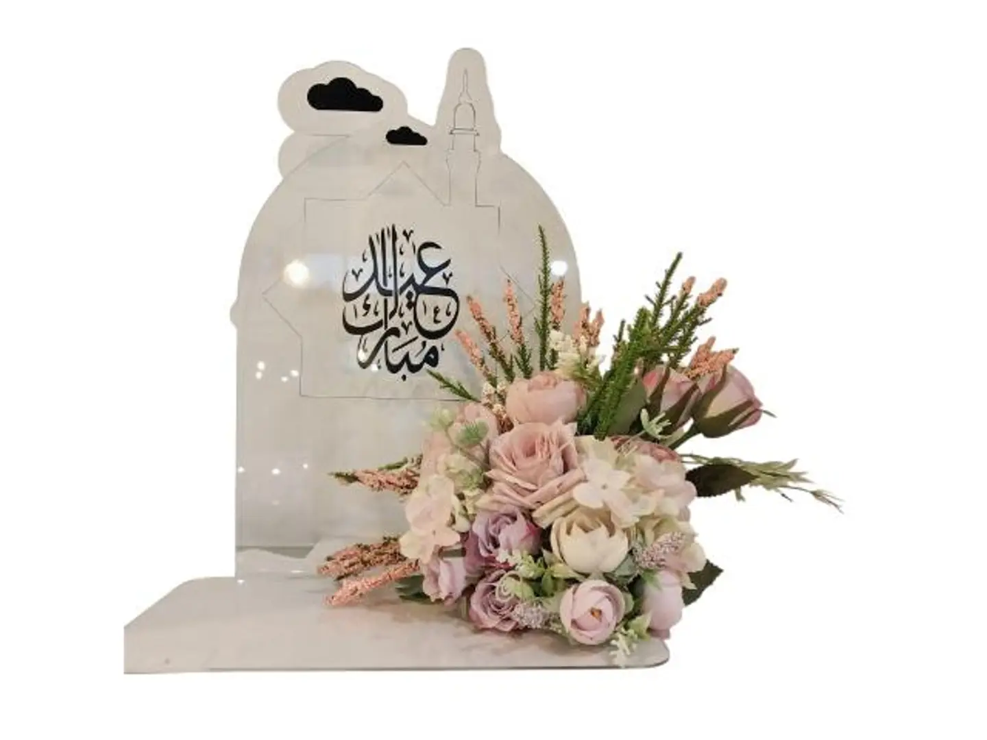 ستاند اكريلك عيد مبارك مع ورد صناعي