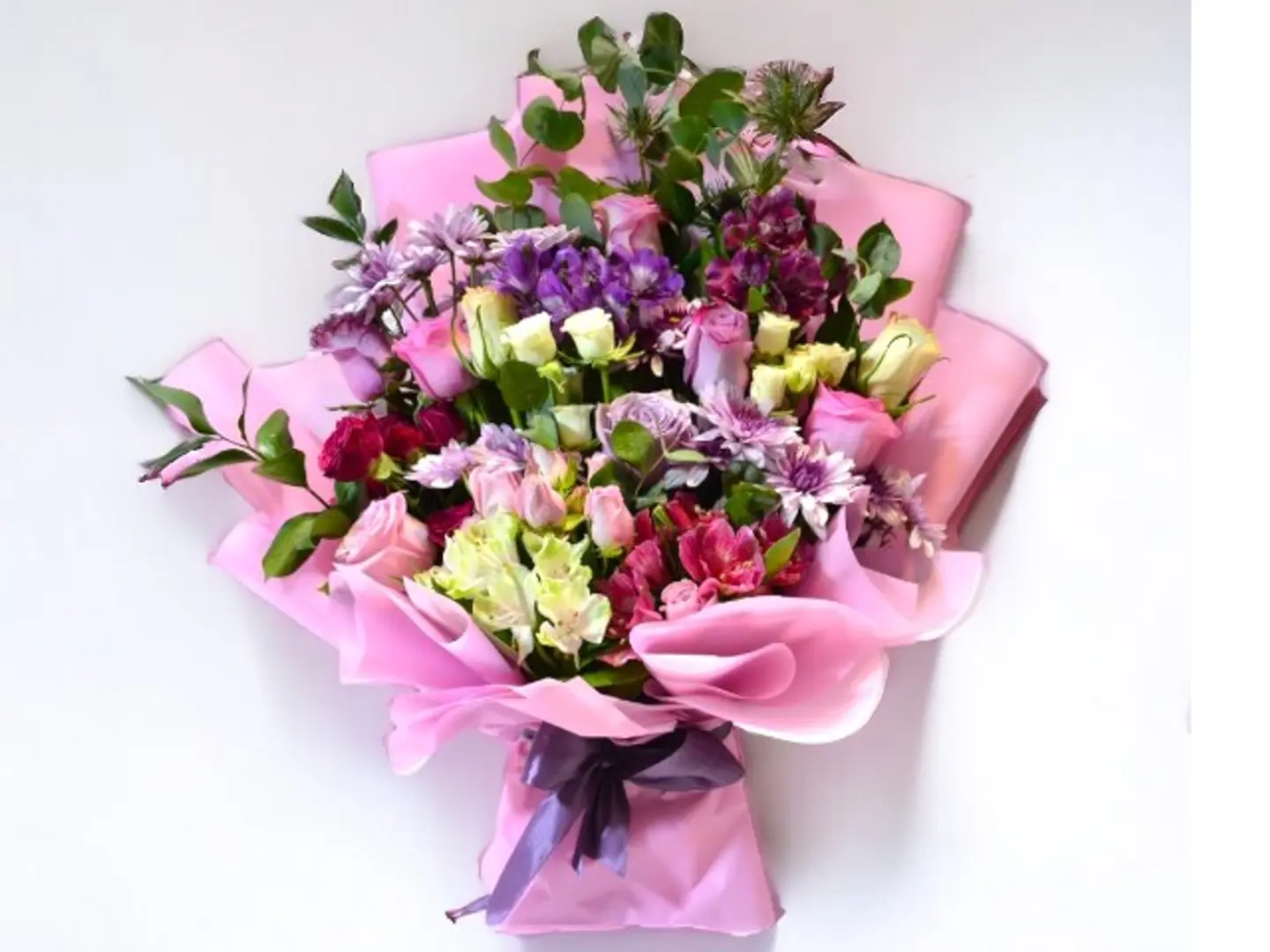 1009 Hand Bouquet Of 4 Mixed Astramerie , 3 Pink Cherries ,8 Mixed Roses ,4 Mixed Baby Roses With Accessories