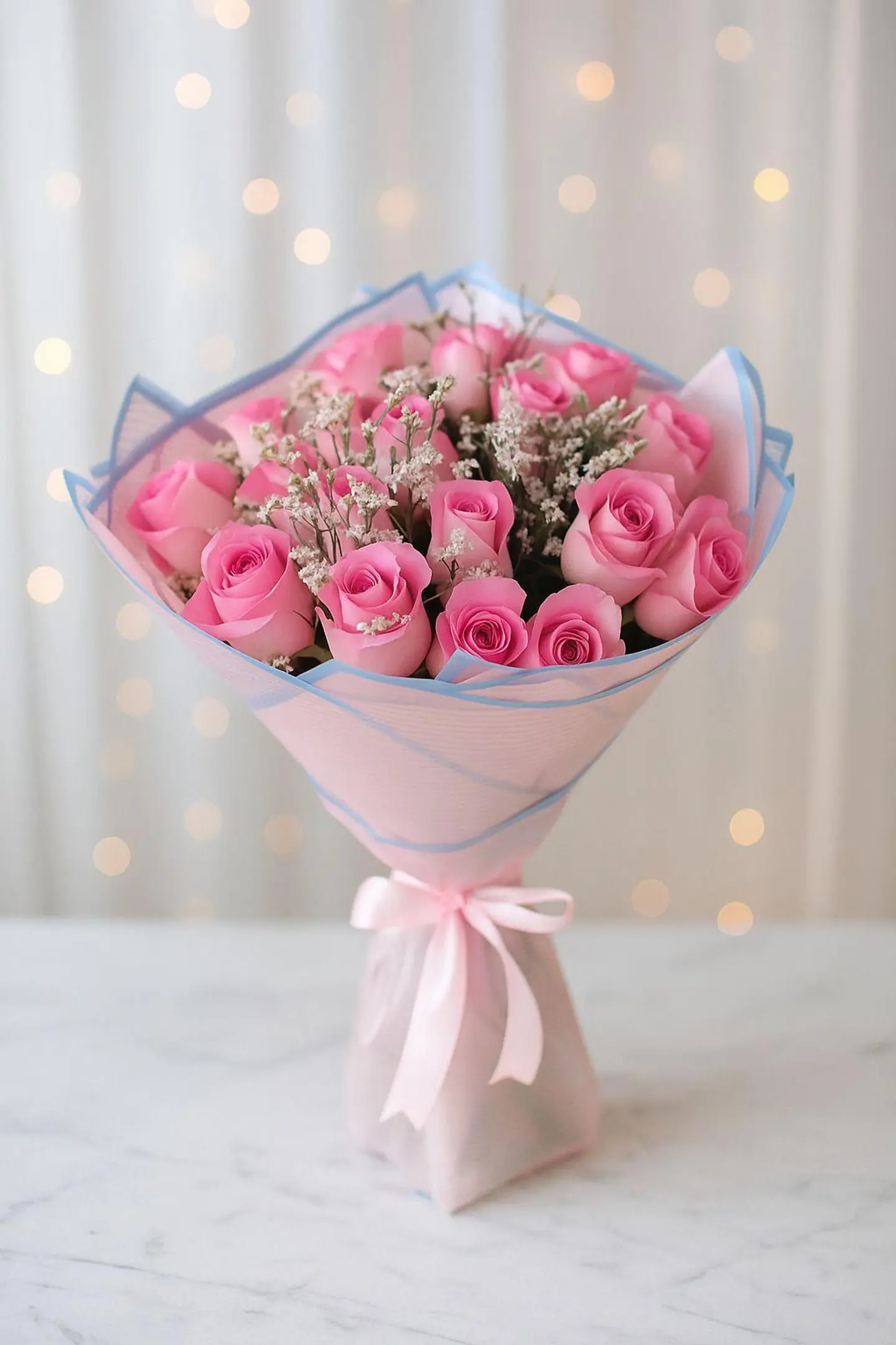 A Lovely Pink Roses Bouqet With Pink Reaping