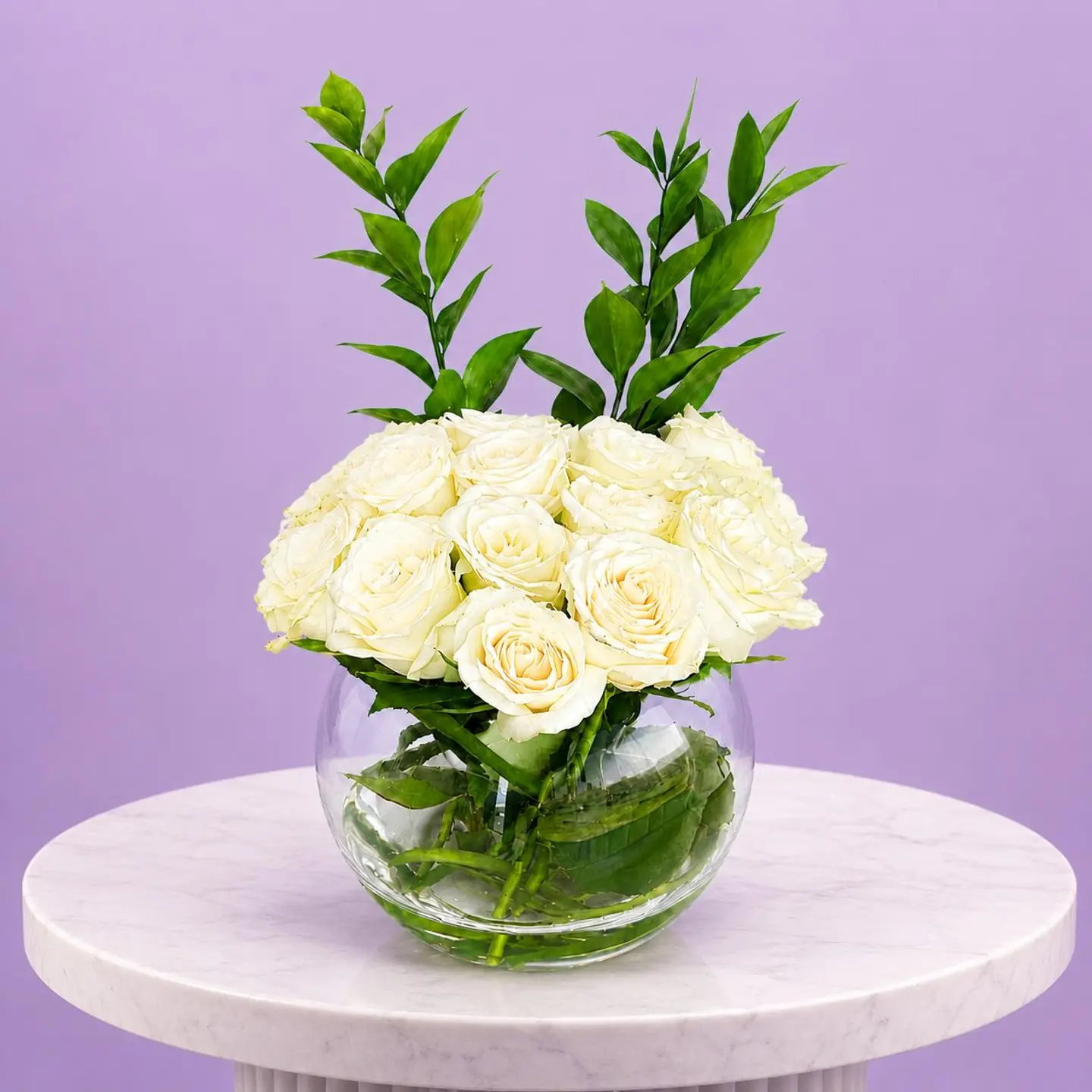White Rose Arrangement Round Glass Vase