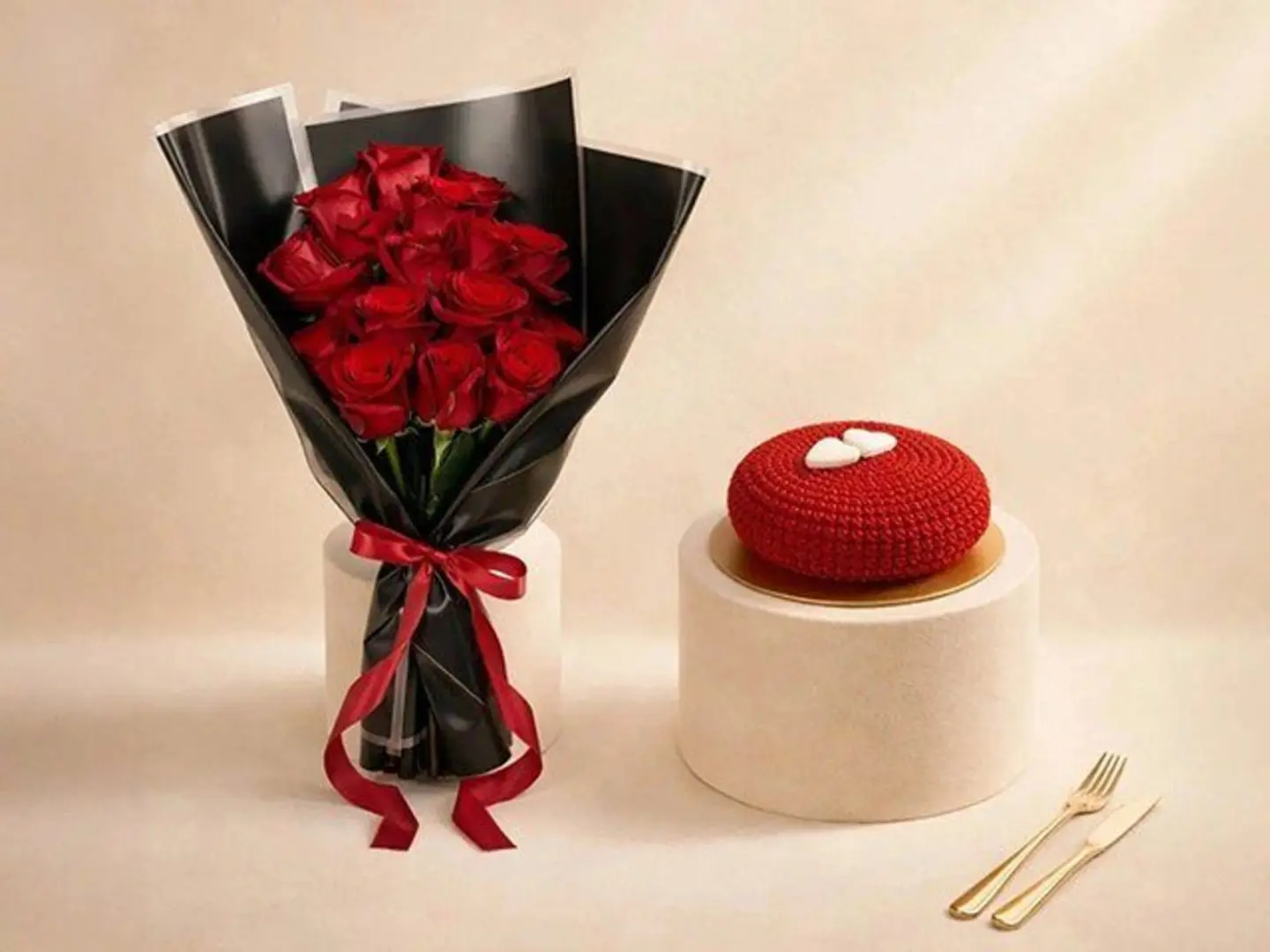 باقة ورد لفتة حب مع كيك أحمر للفالنتاين