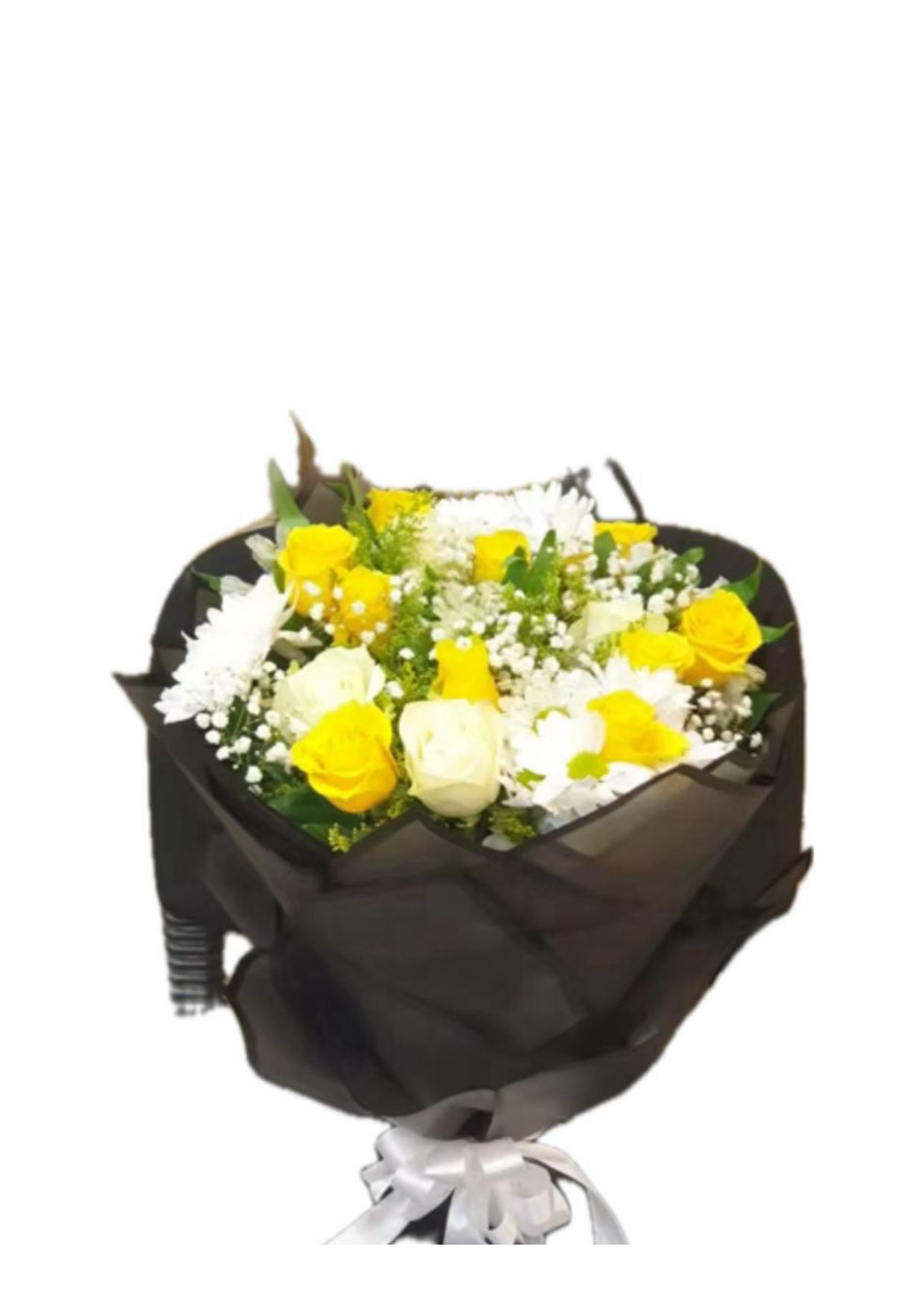 باقة الجوري الأصفر مع الأبيض التغليف الأسود