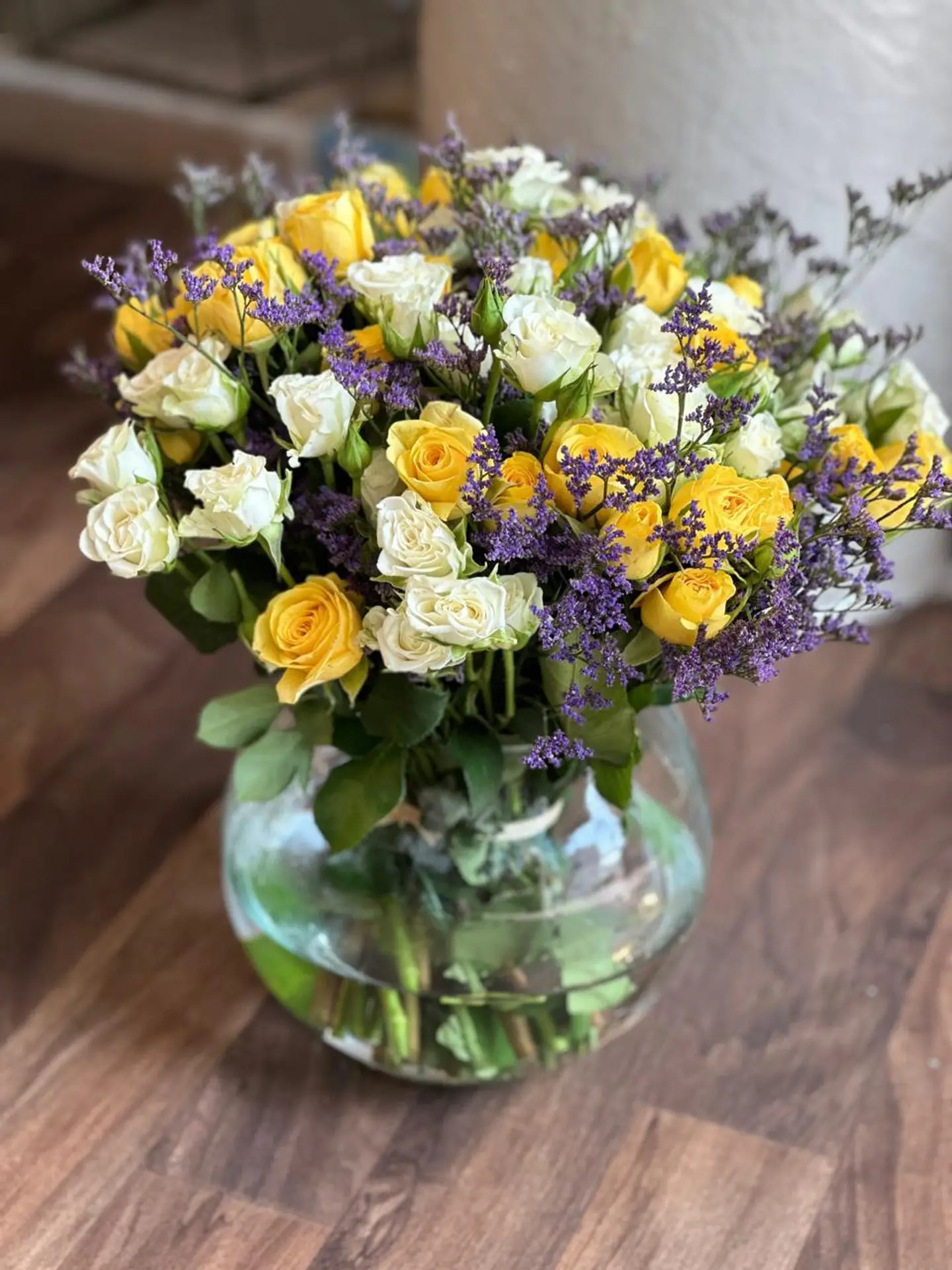 White Baby Roses ,Yellow Baby Roses With Vase