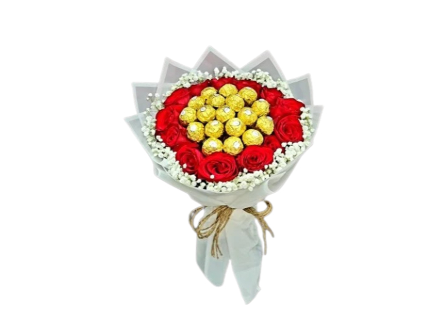 White Bouquet, Red Roses And Chocolate From Patchi