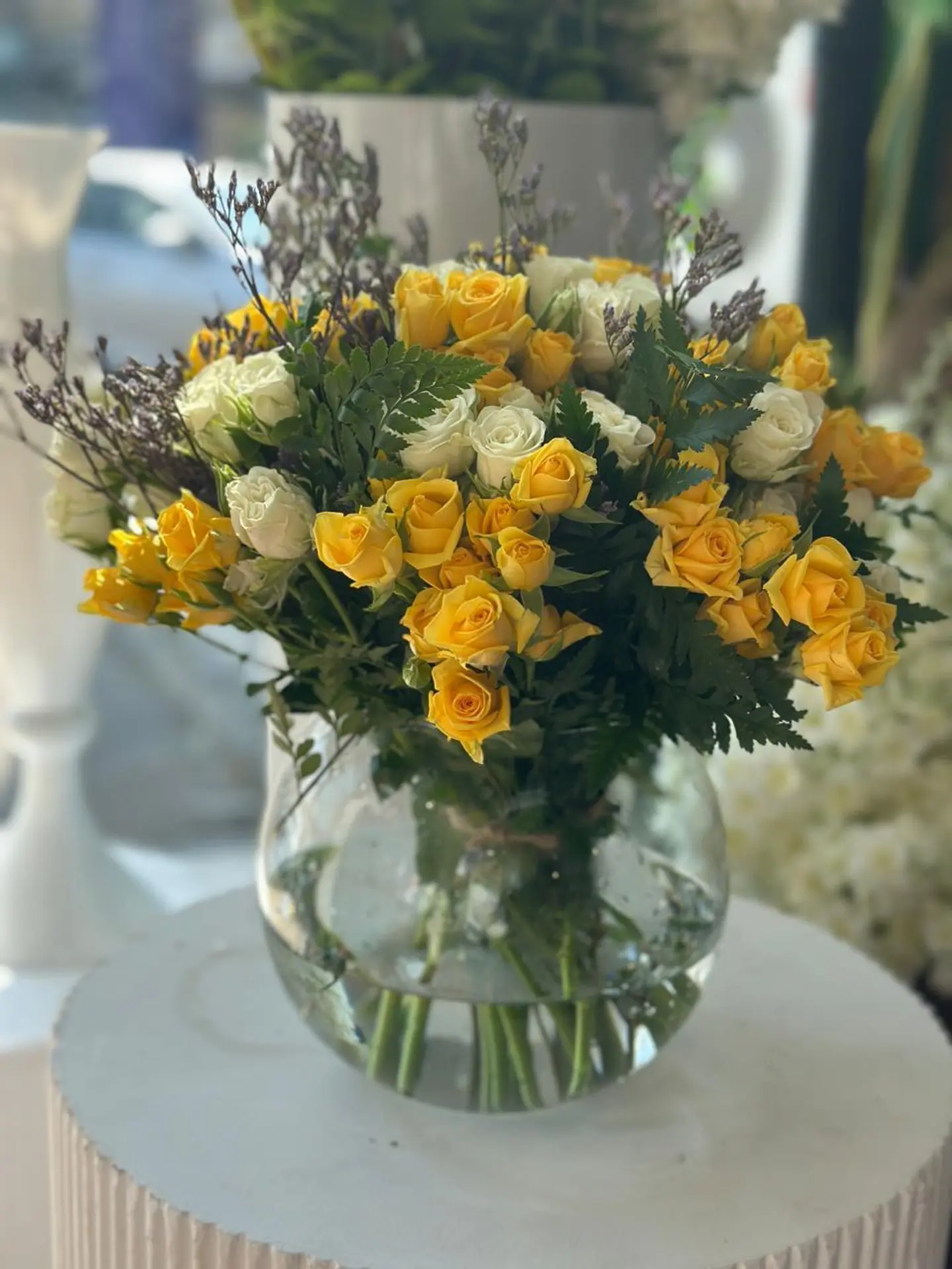 Baby Roses Yellow ,White , Green Leaf With Vase