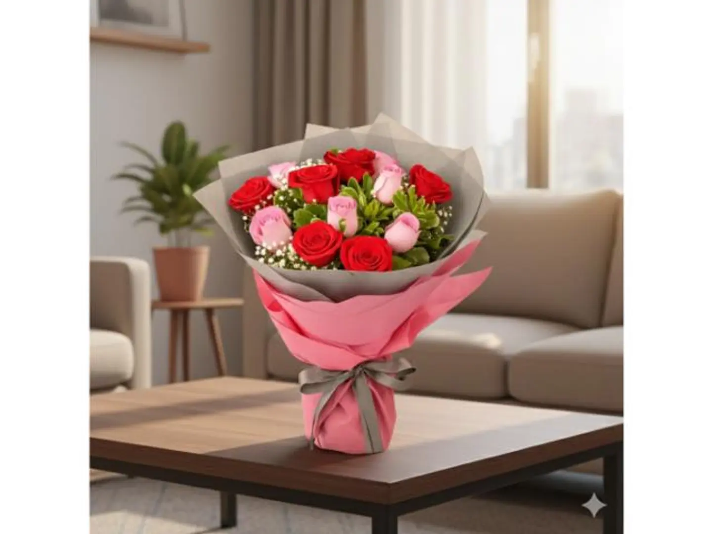 مجموعة هدايا باقة زهور باللونين الأحمر والوردي باقة