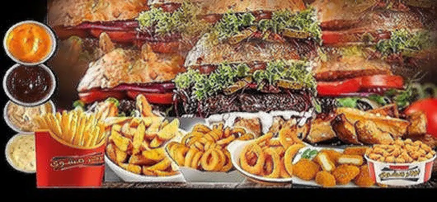 ٩برجر،بطاطس مقلي،حلقات بصل،بطاطس كرسبي،بطاطس وجدس،مسحب دجاج،بوب كورن، ٤ انواع من الصوص
