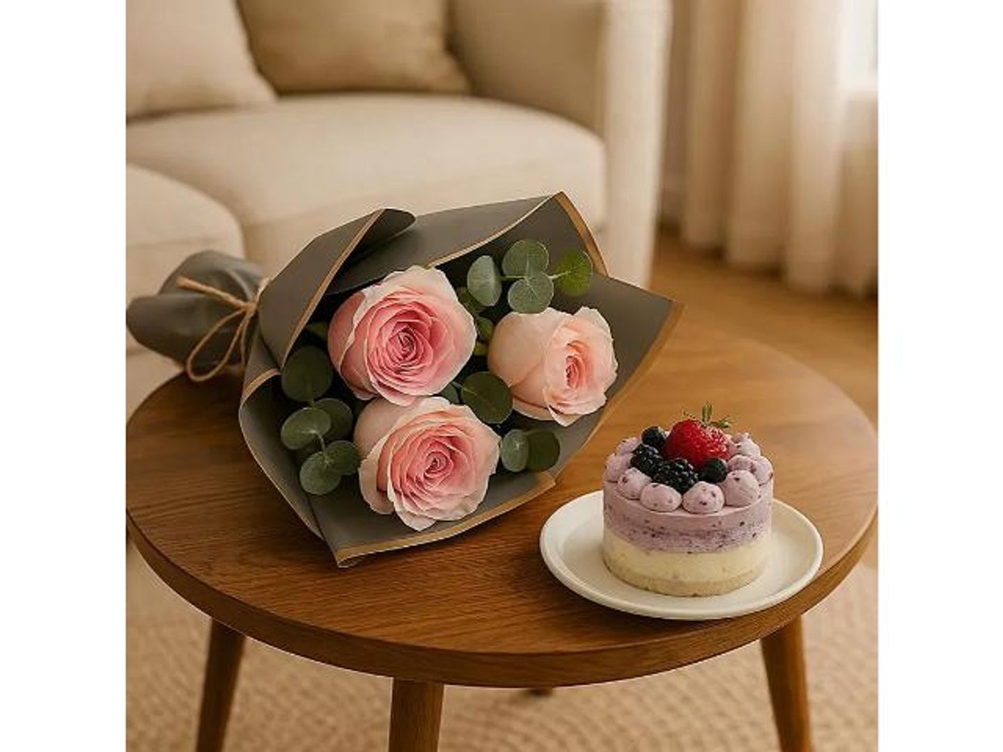 Pink Rose Bouquet N Blue Berries Cake Combo
