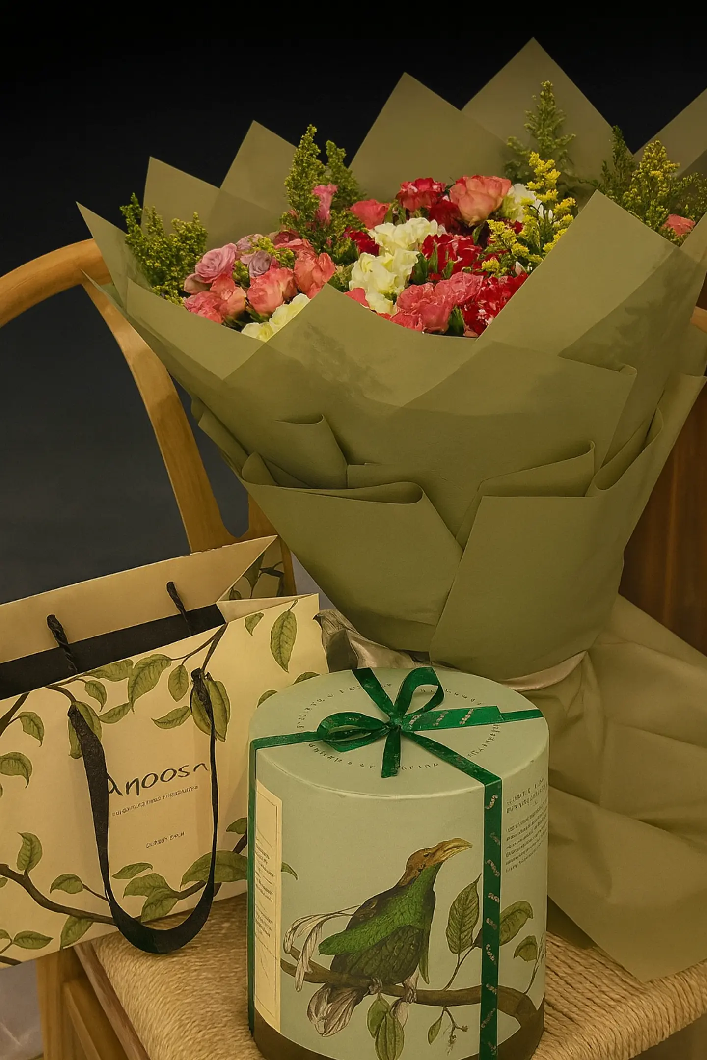 Large Chocolate With A Bouquet Of Mixed Roses And