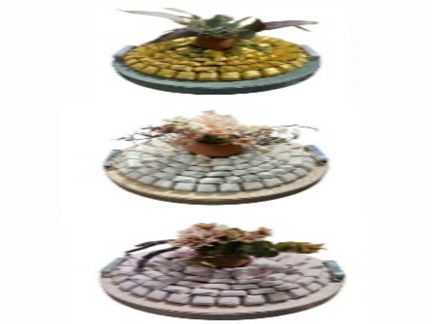 S   Beige/Green/Pink Round Tray With Pottery