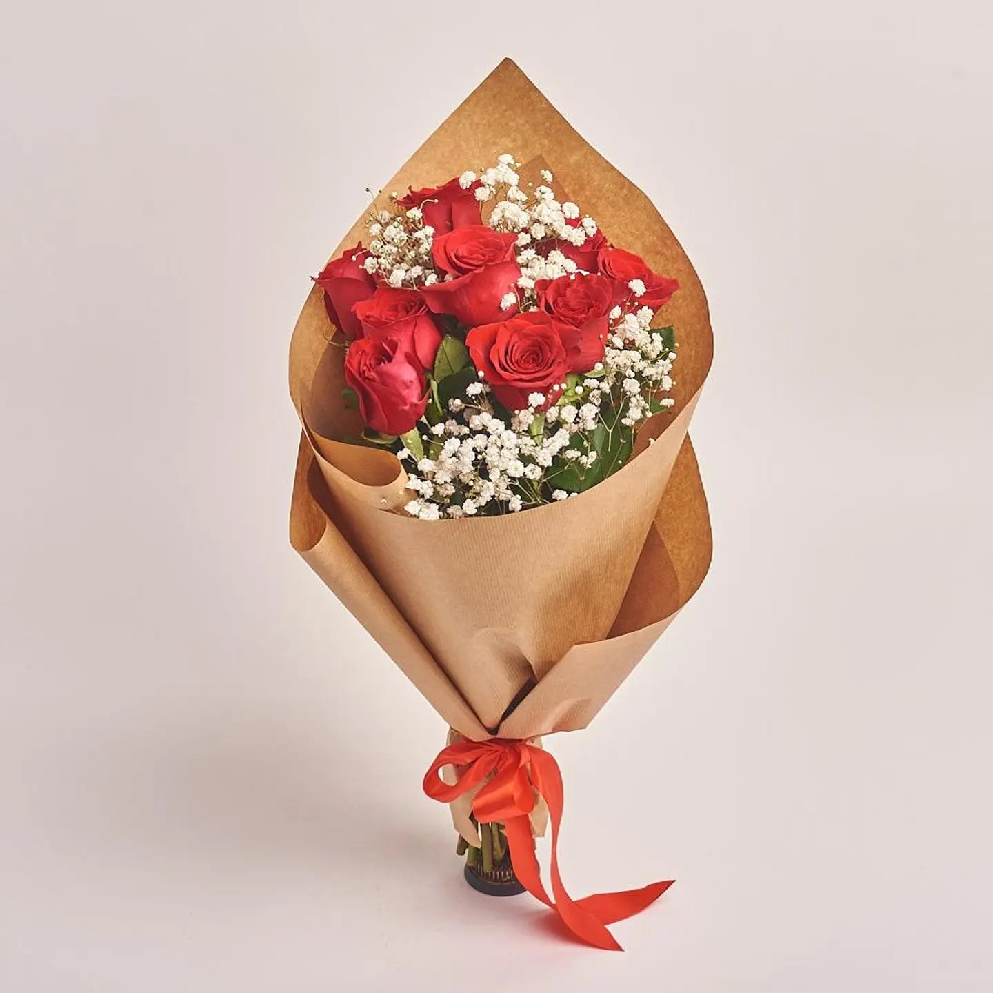 Red Rose Bouquet With White Gypsophila