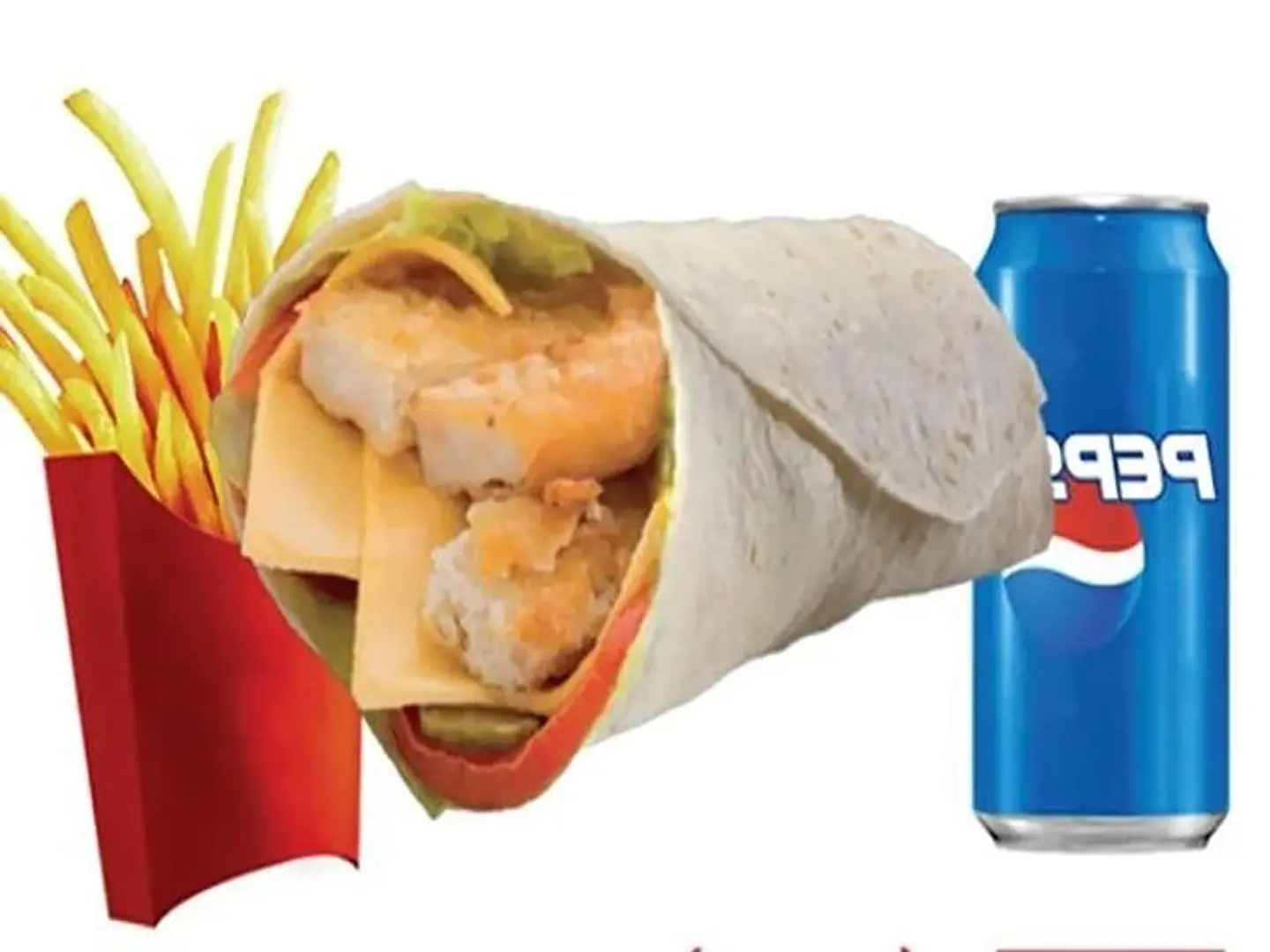 وجبة تورتيلا مسحب دجاج مع الجبن والبطاطس والعصير والصوص