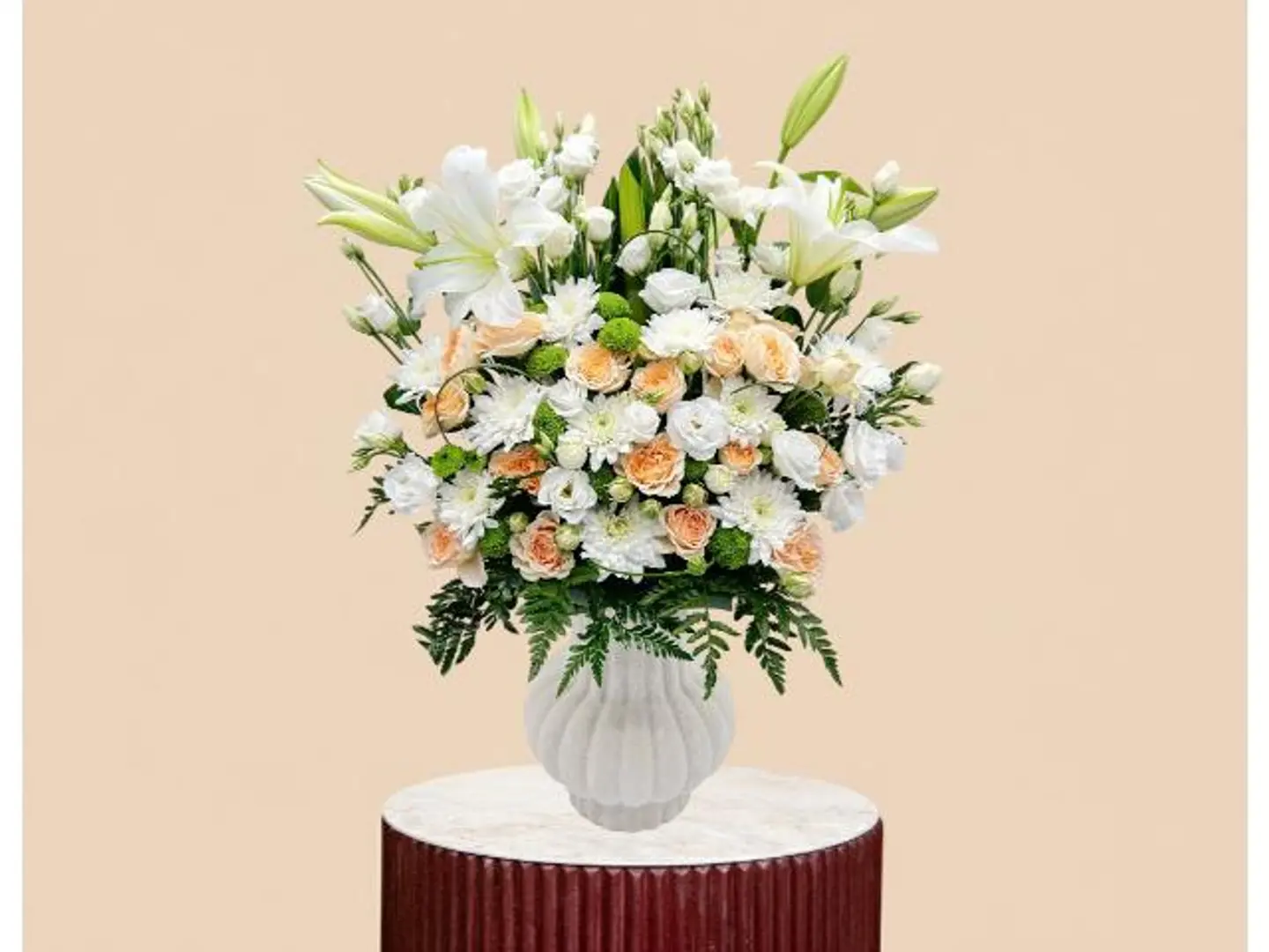 Dutch Casablanca Vase With Eustoma, Chrysanthemums & Baby Roses