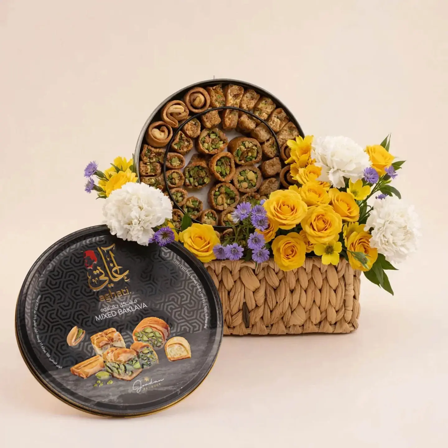 Assorted Baklava With A Basket Of Delicate Roses