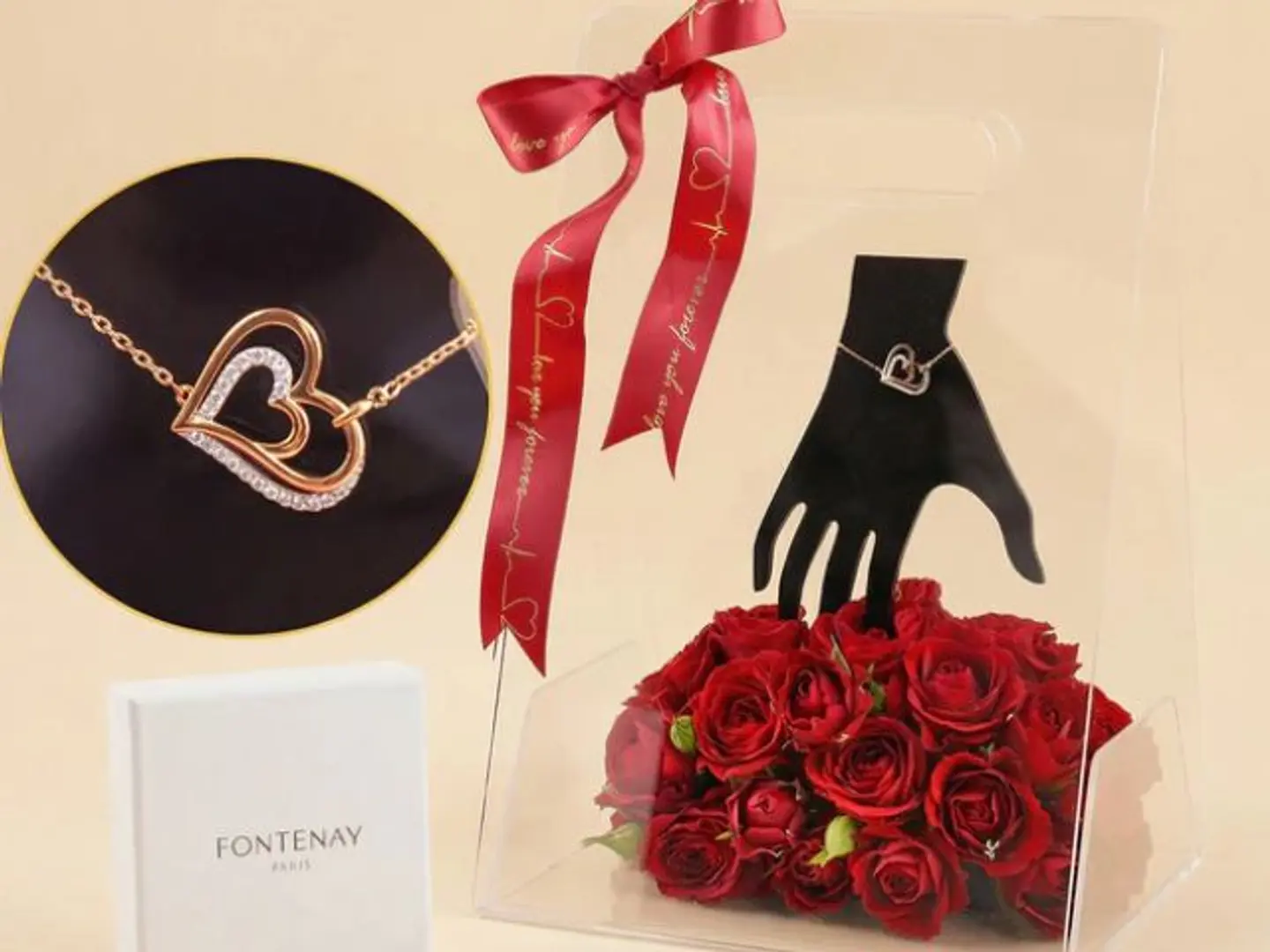 Fontney Double Heart Bracelet With A Bouquet Of Red Roses