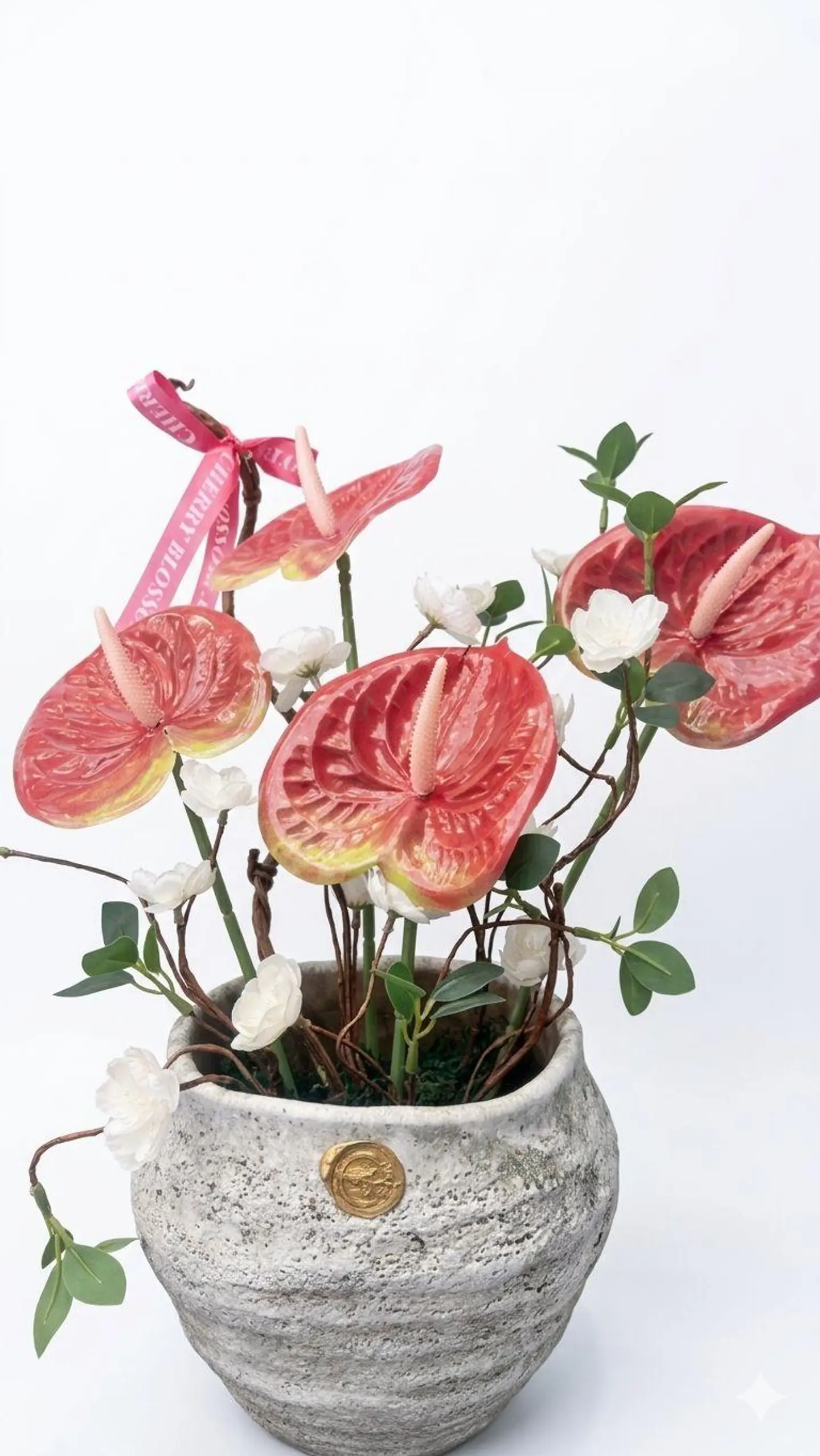 Grey Vase With Artificial Rose