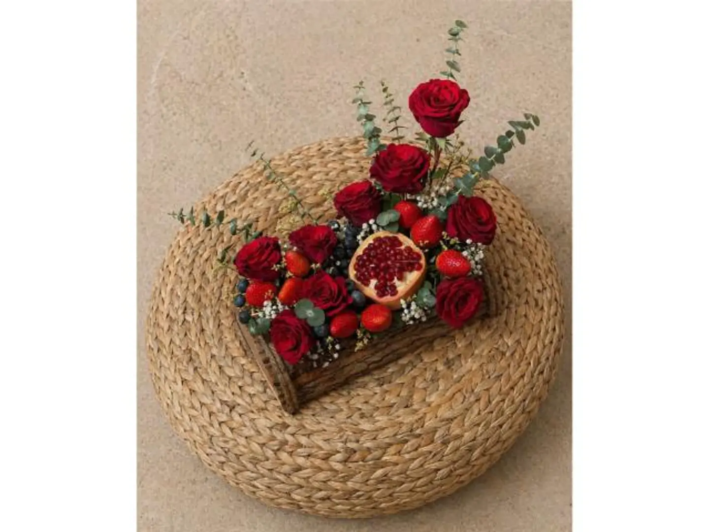 Wooden Stand With Flowers And Fruits
