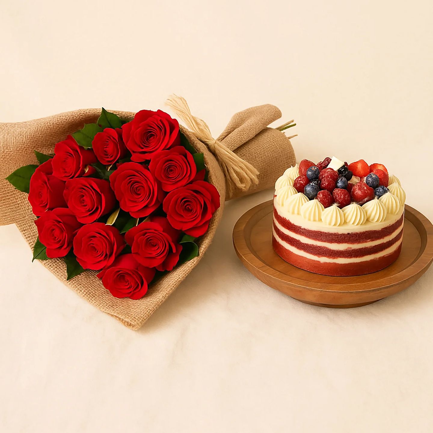 12 Red Roses Bouquet And Half Kg Red Velvet Cake Combo