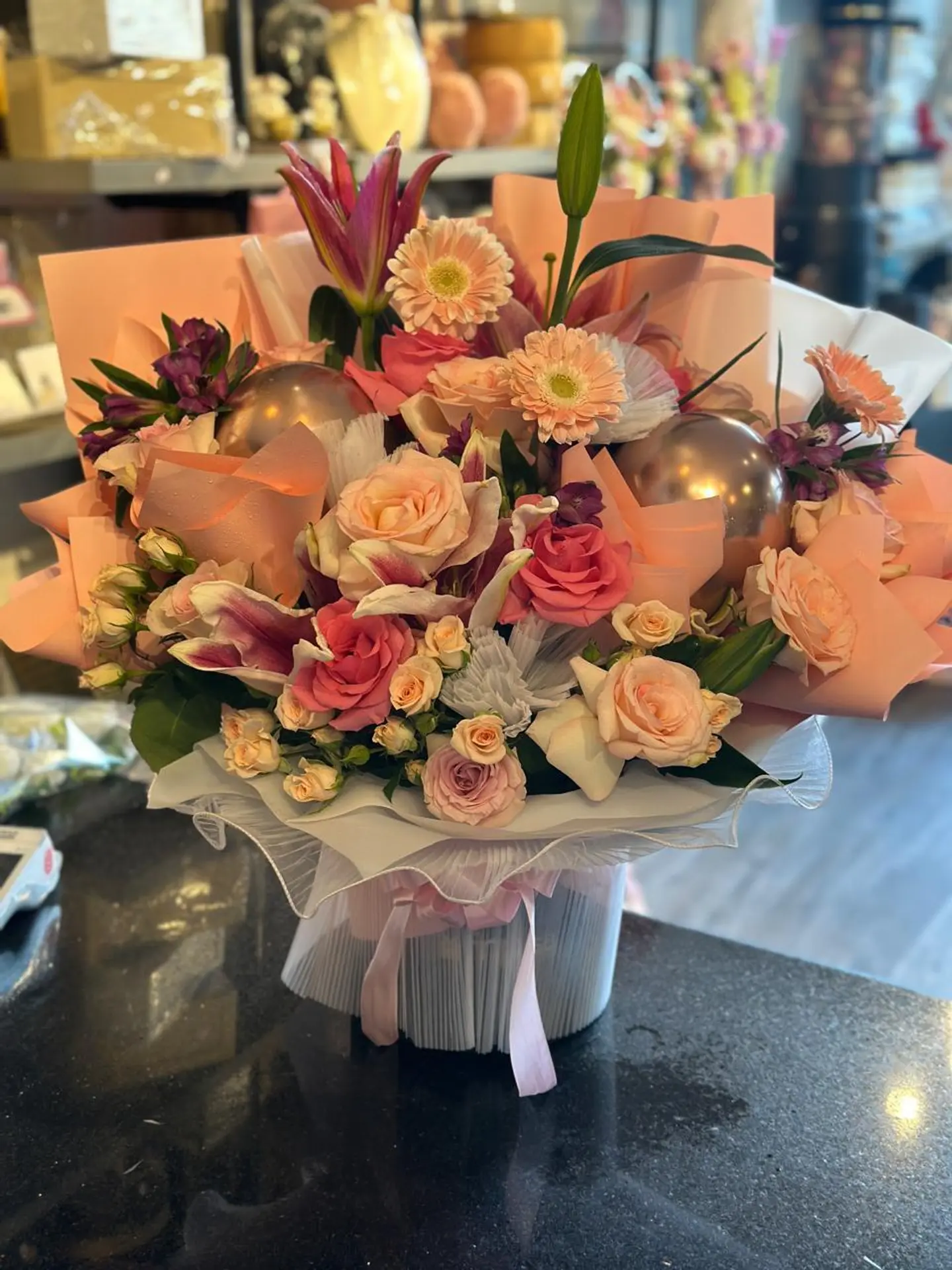 Pink Flowers Bouquet Flowers With Ballons