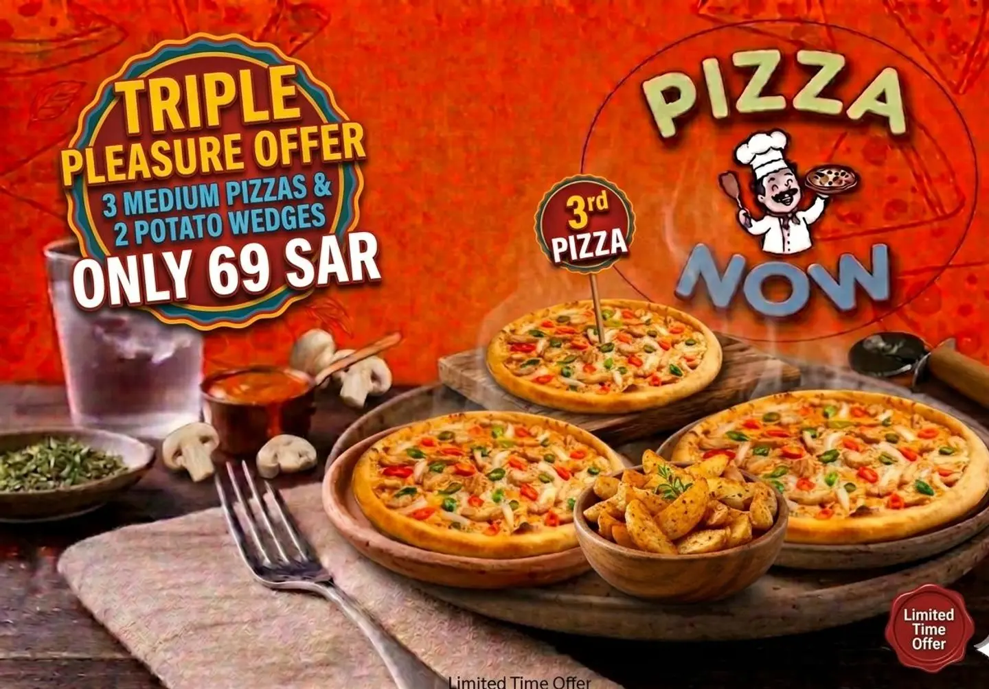 3 Medium Pizza 2 Potato Wedges