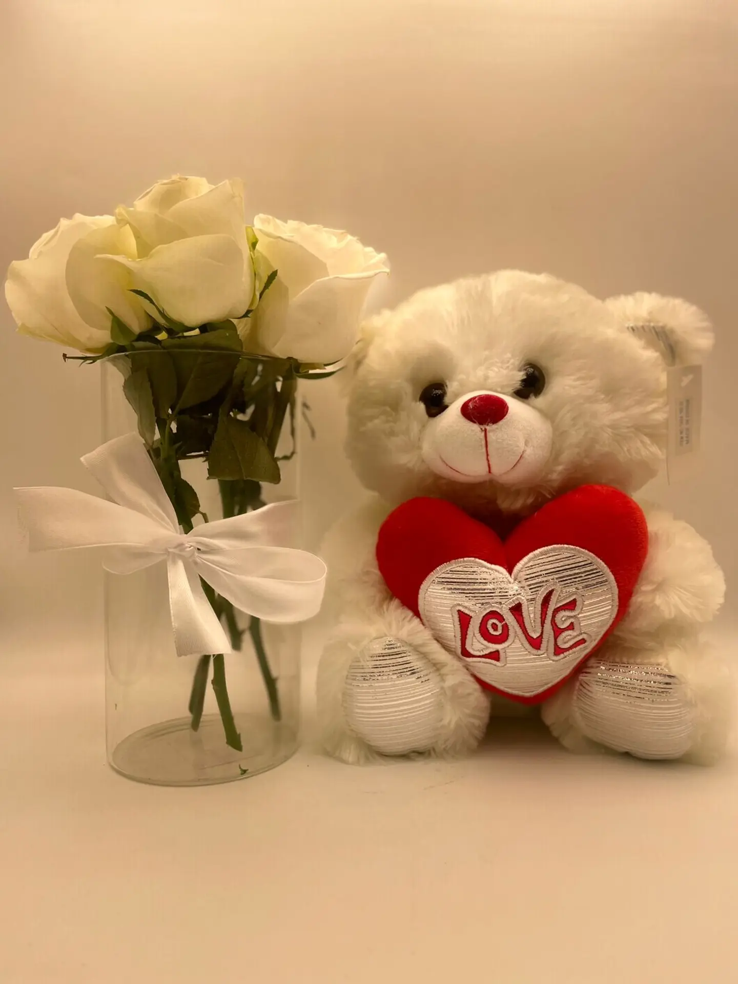 White Teddy Bear With Vase And White Rose