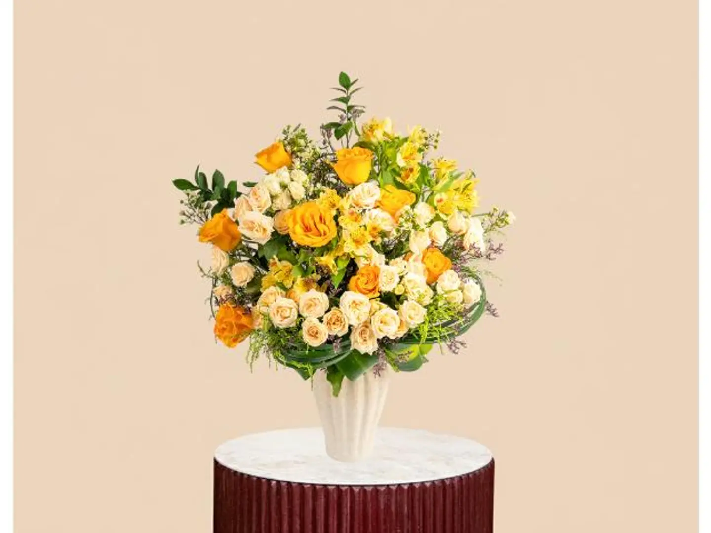 Orange Joury Roses With Baby White Roses & Alstroemeria