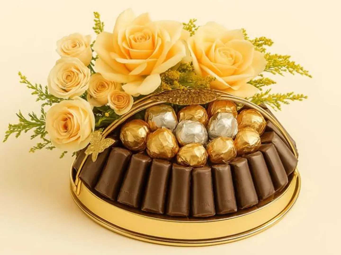 Patchi Chocolate Tray With A Bouquet Of Apricot Roses