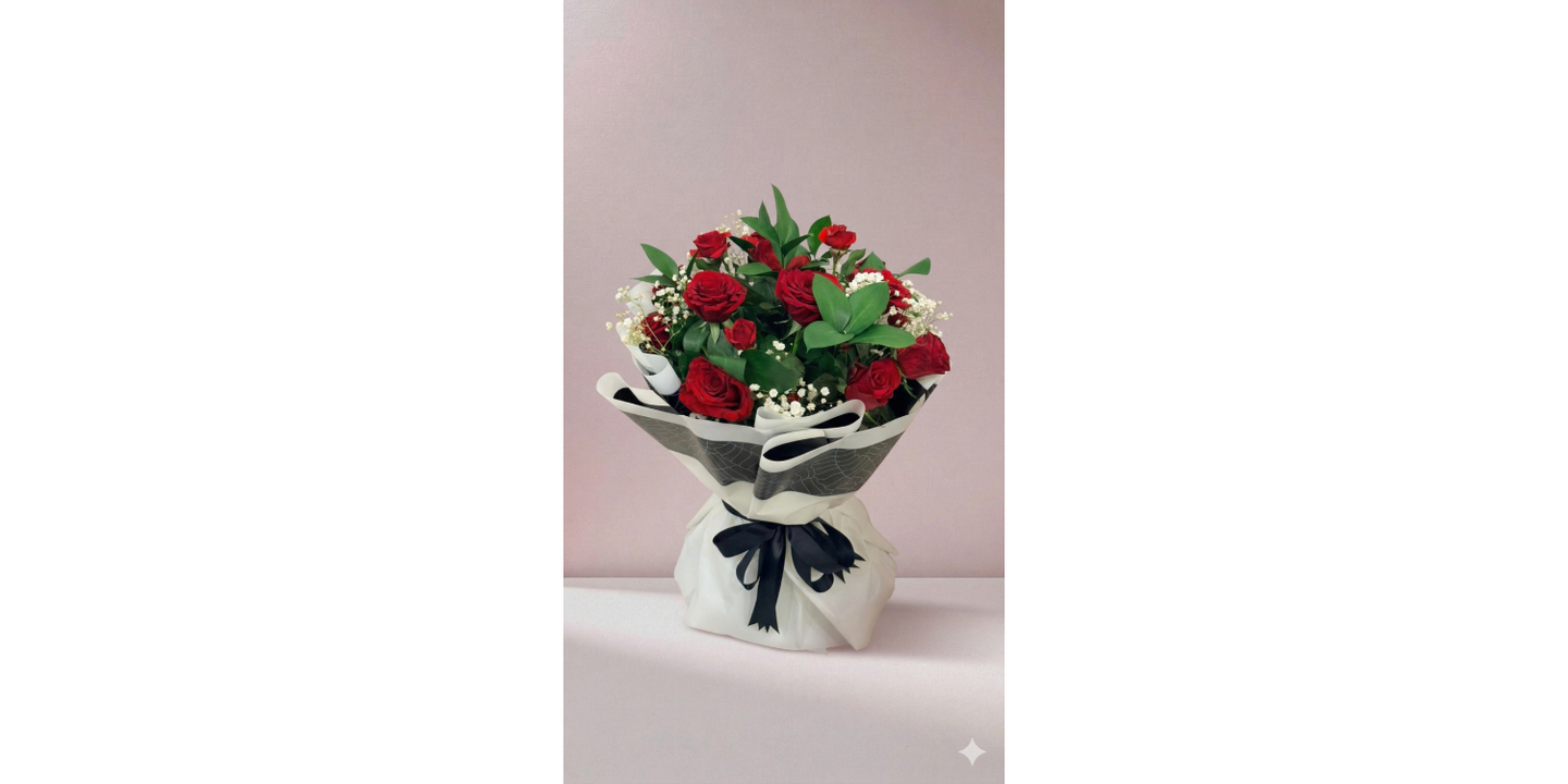 Red Gauri Rose Bouquet With Special White And Black Wrapping